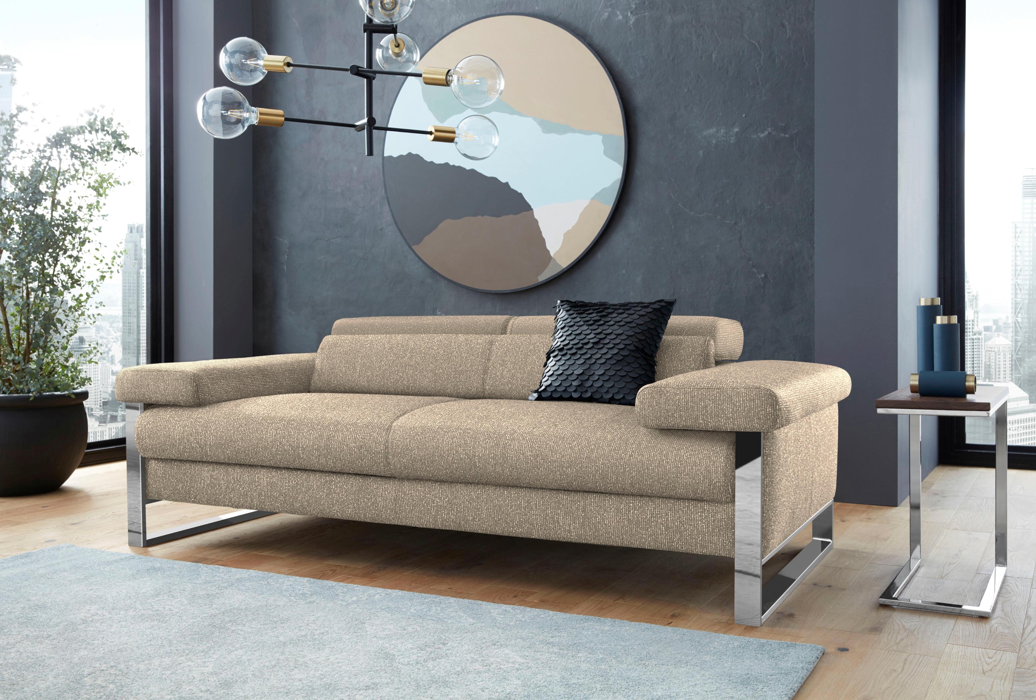 2-Sitzer W.SCHILLIG "finn", braun (sesame s22), B:210cm H:71cm T:106cm, Flachgewebe S22 (100% Polyester);Stoff S37 (100% Polyester);Longlife Xtra-Leder Z59: Glattleder mit modischer Prägung. Hautstärke 0, 9 - 1, 1 mm, Sofas, 2-Sitzer, German Design Award 2016, Fußgestell Chrom glänzend, Breite 210 cm