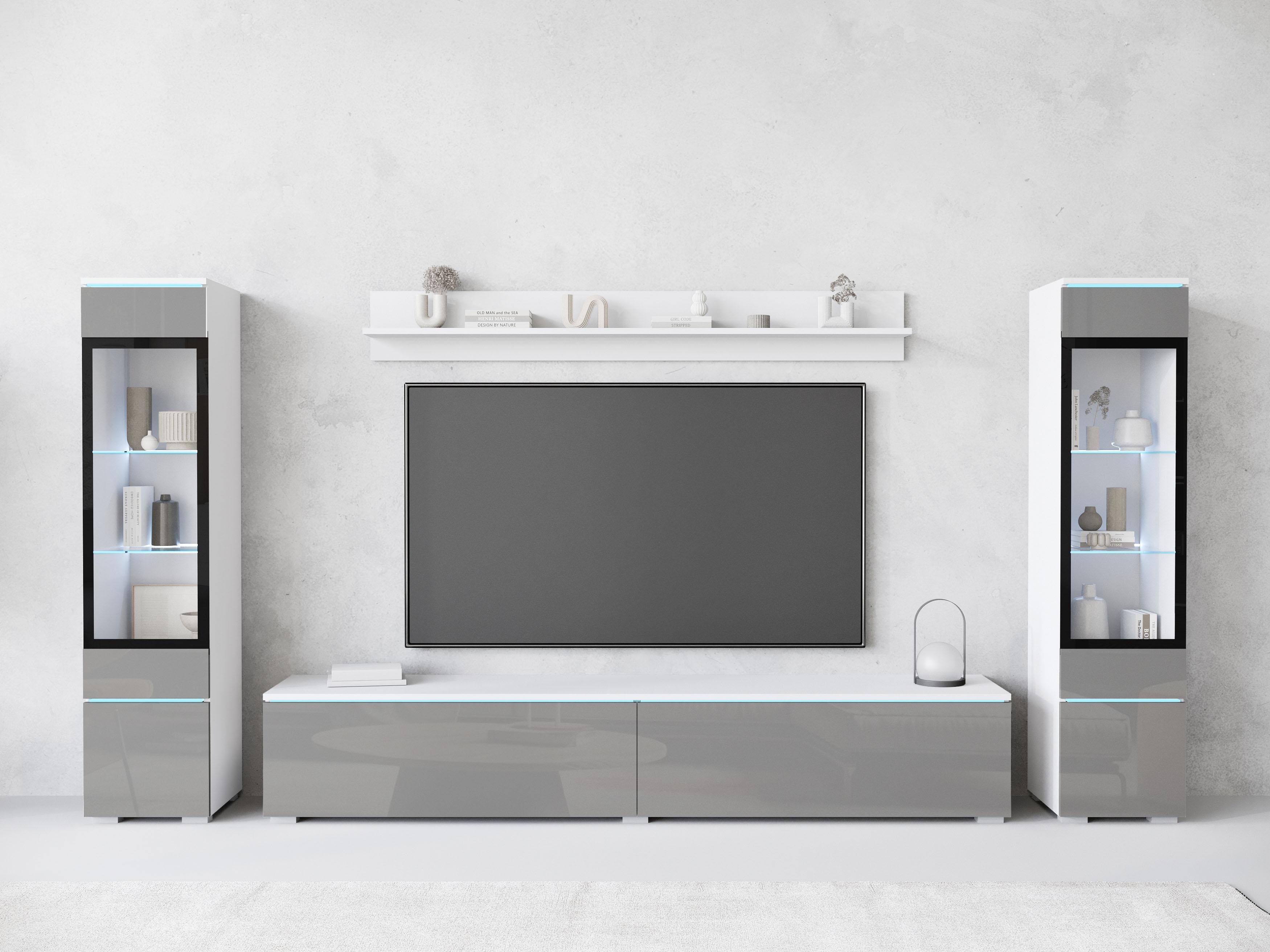 Wohnwand HOME AFFAIRE "VERA II", grau (weiß, grau hochglanz), B:260cm H:130cm T:33cm, Kastenmöbel-Sets, Wohnwand, Vitrine mit Verglasung, stehend und hängend, inklusive Beleuchtung