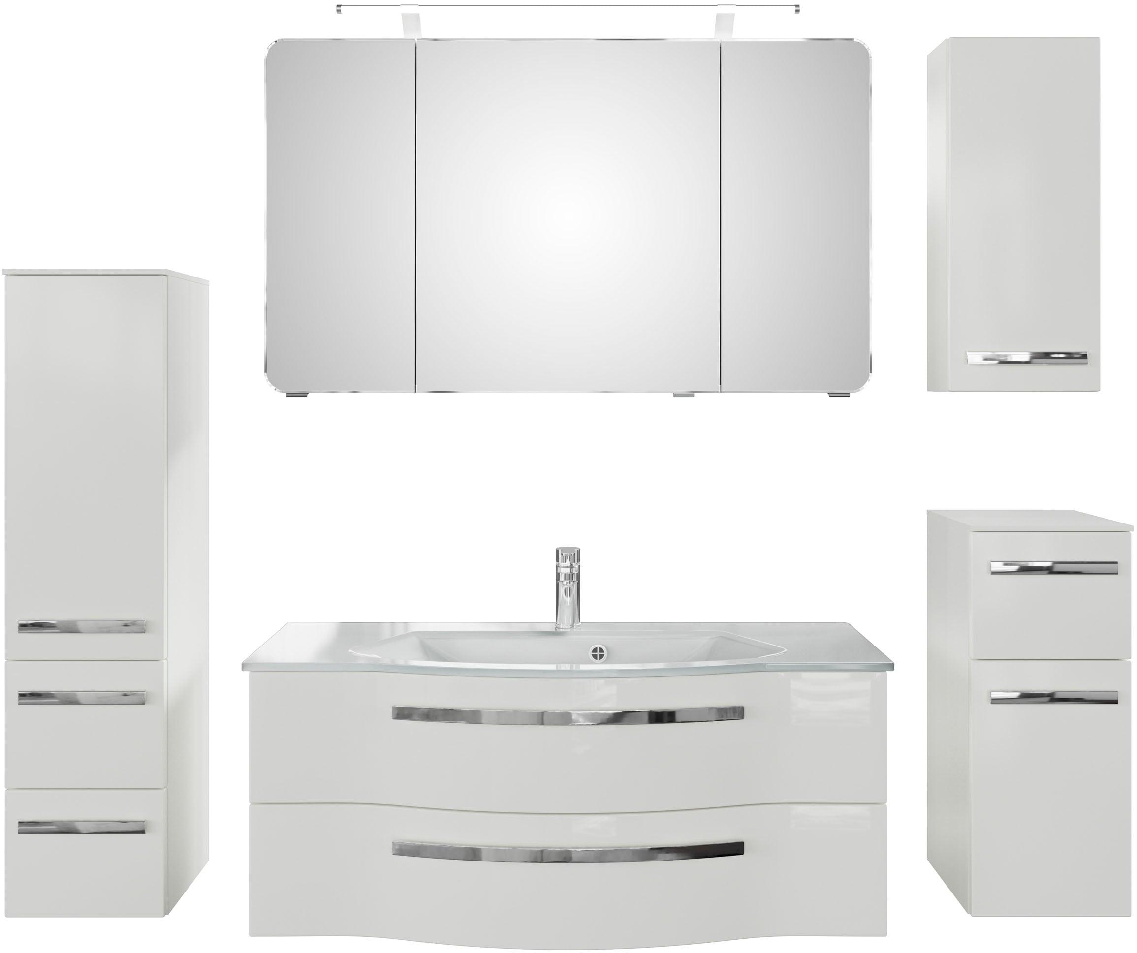 Badmöbel-Set SAPHIR "Serie 4005, vormontiert, Glaswaschbecken, Spiegelschrank", weiß (lack polarweiß hgl, weiß hgl), Holzwerkstoff, Kastenmöbel-Sets, Badmöbel-Set, Badezimmer-Set mit Unterschrank, Hängeschrank, Midischrank, Türdämpfer