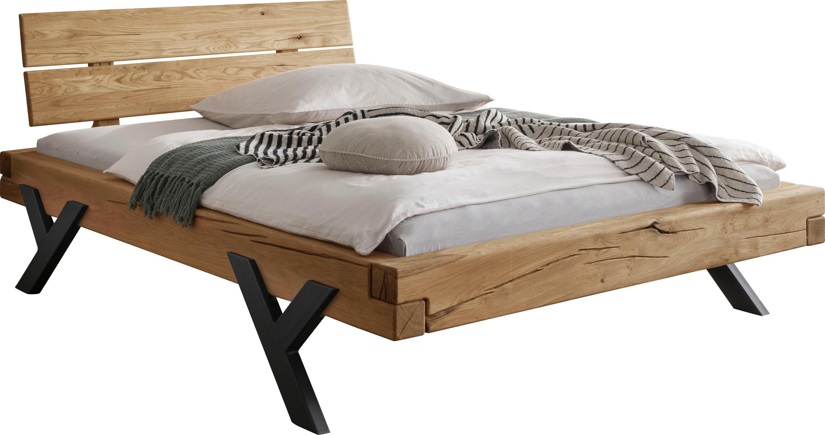 Massivholzbett HOME AFFAIRE "Ultima Balkenbett Doppelbett, Füße aus Metall in Y-Form", braun (eiche), B:158cm H:88cm L:228cm, Betten, Massivholzbett, FSC-zertifizierte Wildeiche oder Fichte, viele Breiten zur Auswahl