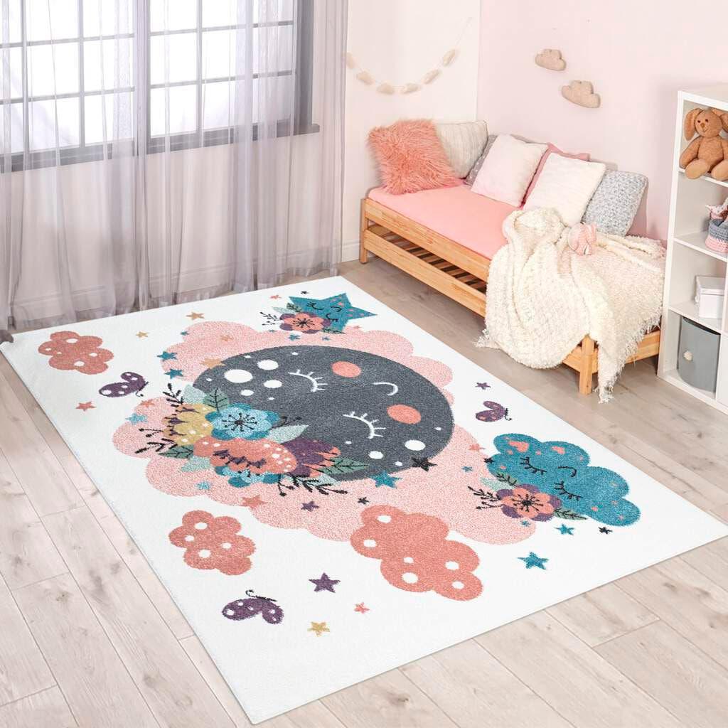 Kinderteppich CARPET CITY "ANIME917", beige (creme), B:190cm H:11mm L:280cm, Polypropylen (PP), Teppiche, Kinderteppich, Kinderzimmer Teppich Modern mit Mond, Blumen, Wolken, Creme, Multi