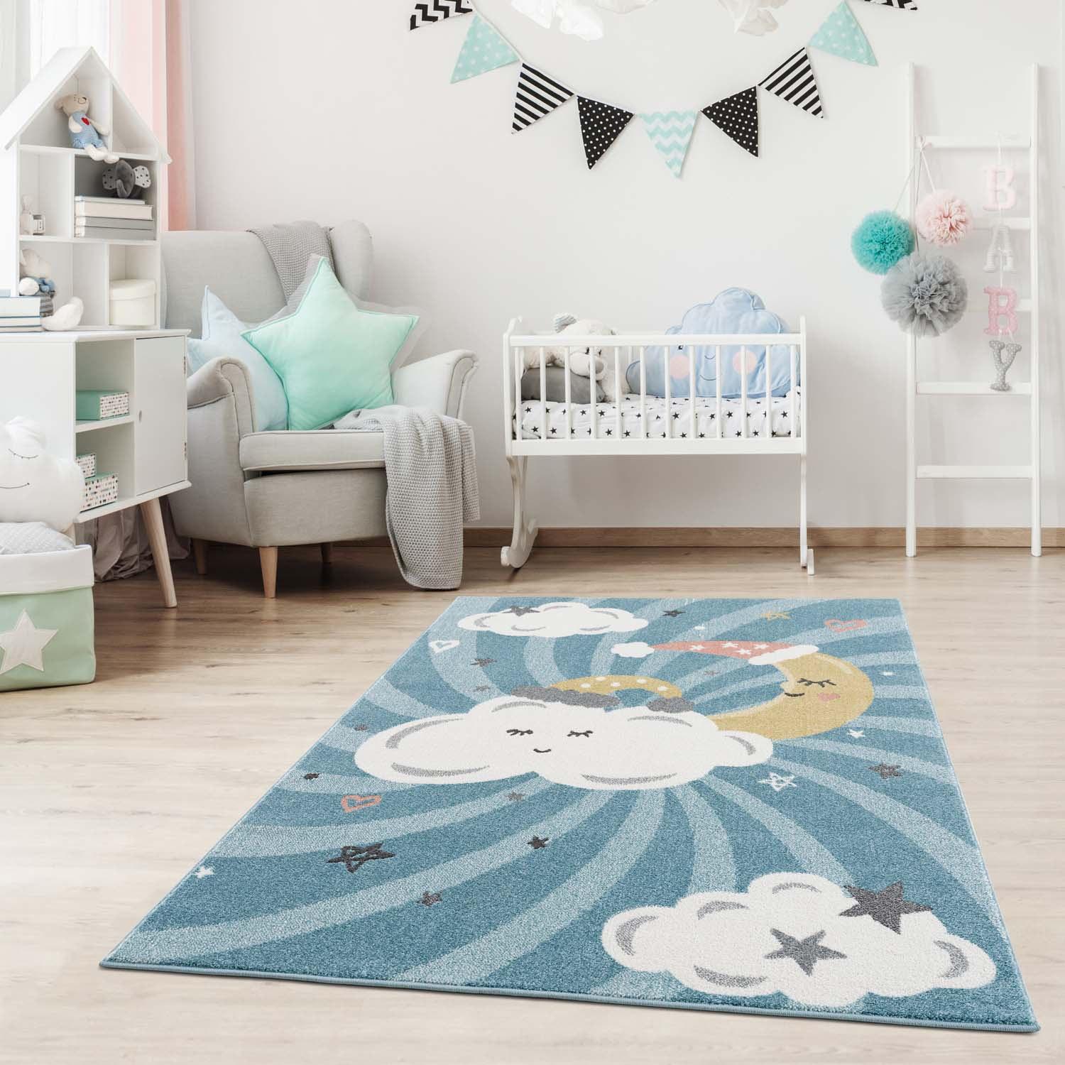 Kinderteppich CARPET CITY "Anime9380", blau, B:160cm H:11mm L:230cm, Polypropylen (PP), Teppiche, Kinderteppich, Teppich Mond, Wolken, Sterne, Weicher Flor