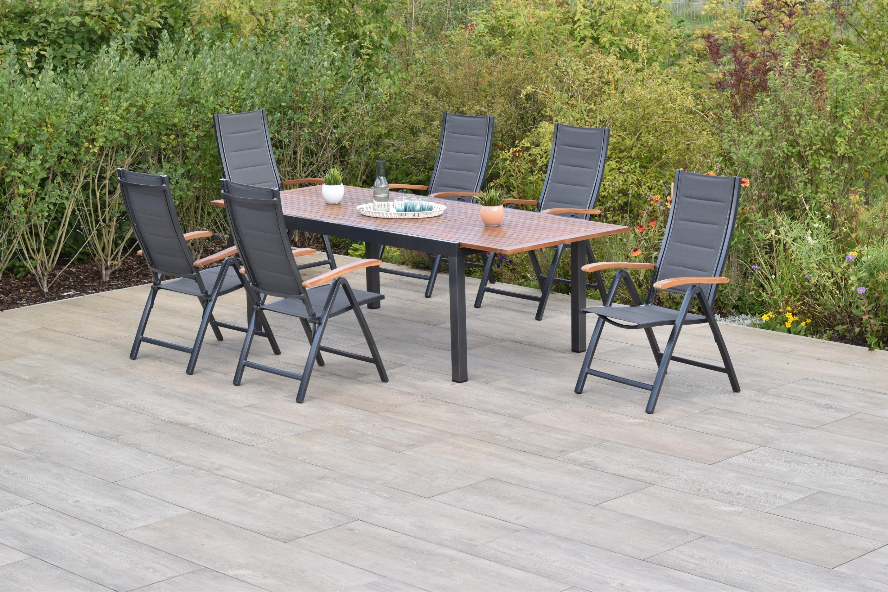 Garten-Essgruppe MERXX "»Paxos«", grau (grau, grau, graphit), Aluminium, Massivholz, Polyester, Sitzmöbel-Sets, Garten-Essgruppe, Ausziehtisch: LxB: 180-250 x 100 cm