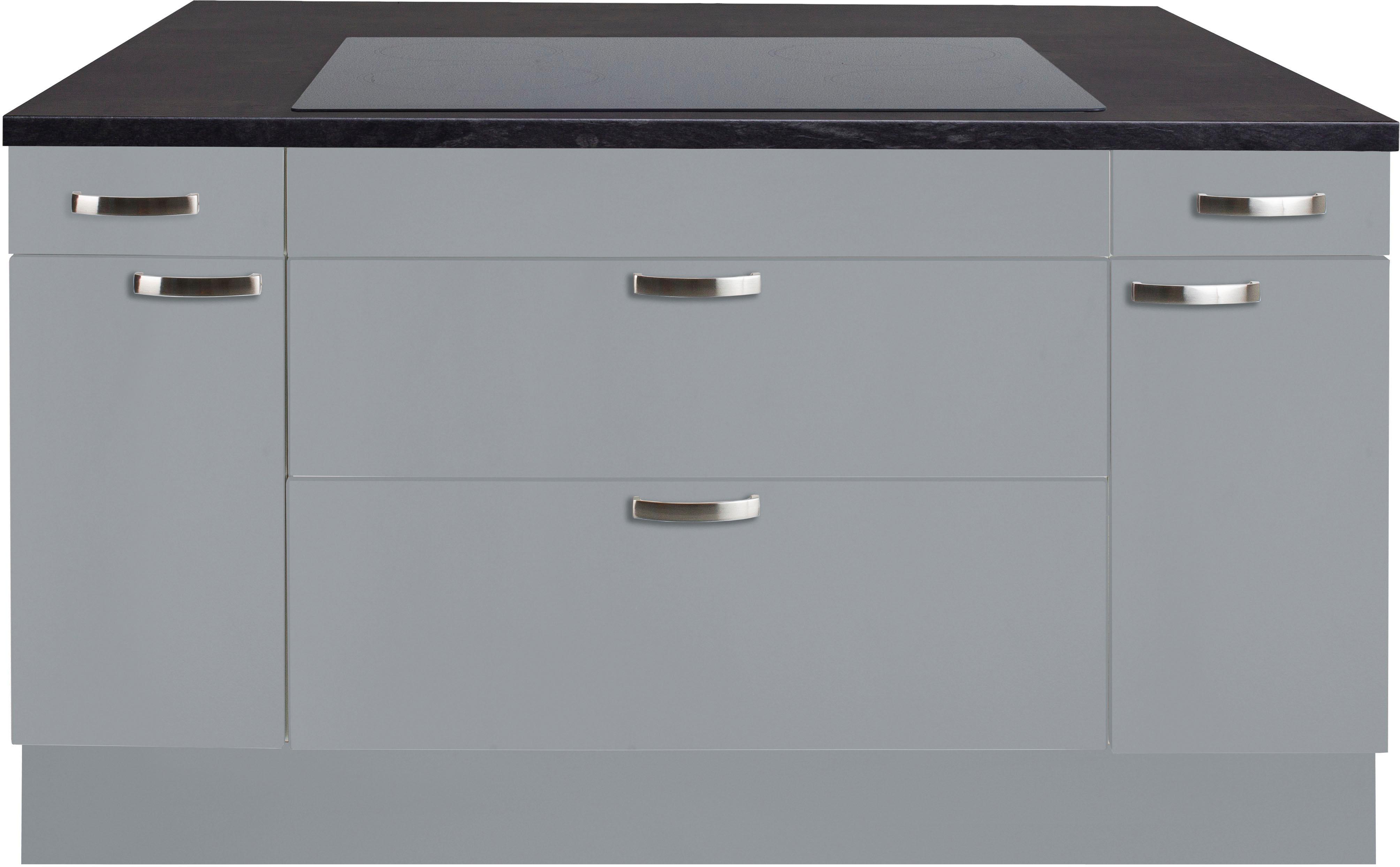 Kücheninsel KOCHSTATION "KS-Cara", grau (küche: grau, korpus: grau, arbeitsplatte: granit schwarz), B:150cm T:95cm, Komplettküchen-Sets, Kücheninsel, mit Vollauszügen und Soft-Close-Funktion, Stellbreite 150 x 95 cm