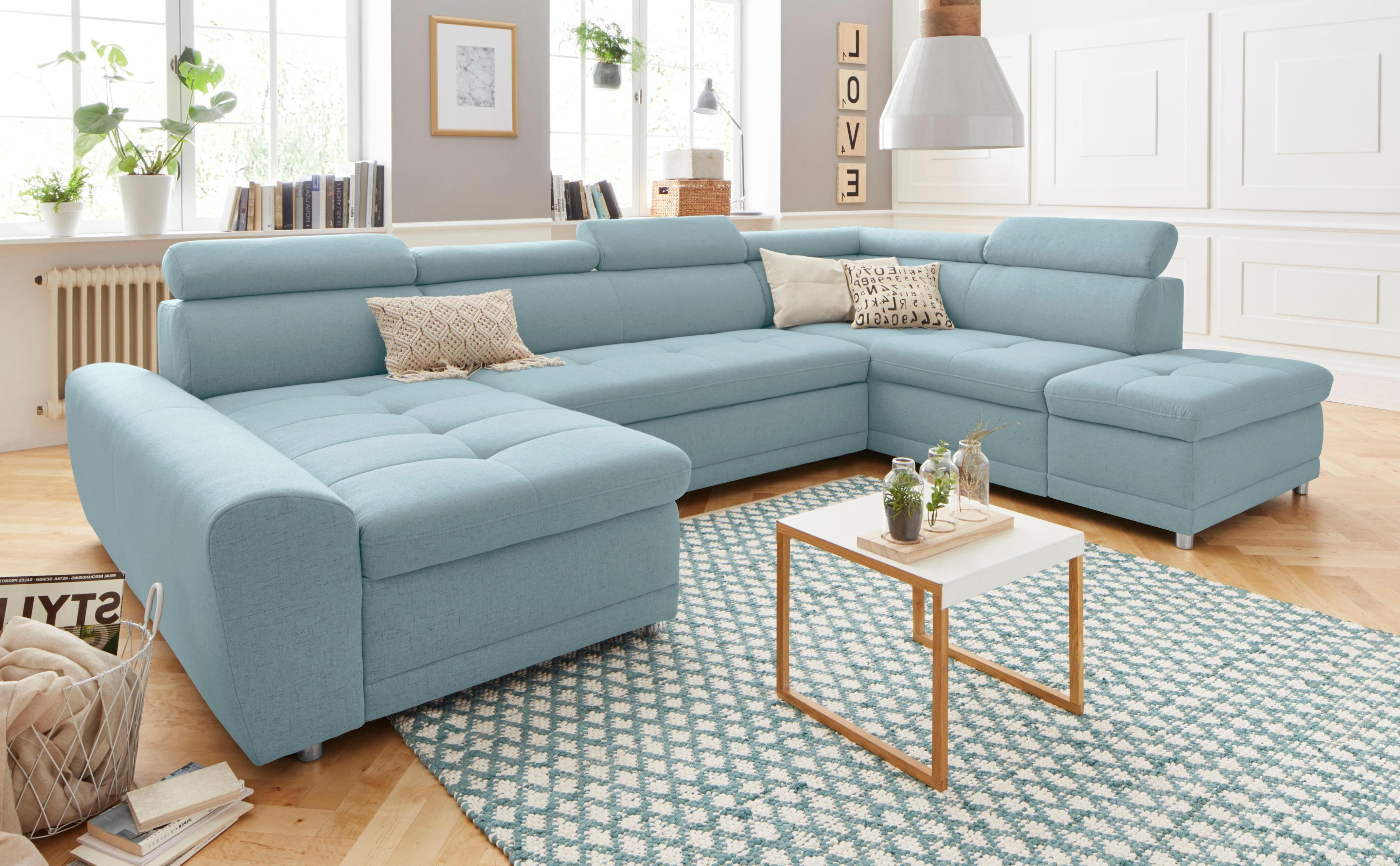 Wohnlandschaft SIT & MORE "Riva U-Form", blau (aqua), B:337cm H:92cm T:95cm, Struktur (100% Polyester);Flachgewebe (100% Polyester);Luxus-Microfaser (100% Polyester), Sofas, Wohnlandschaft, wahlweise mit Bettfunktion