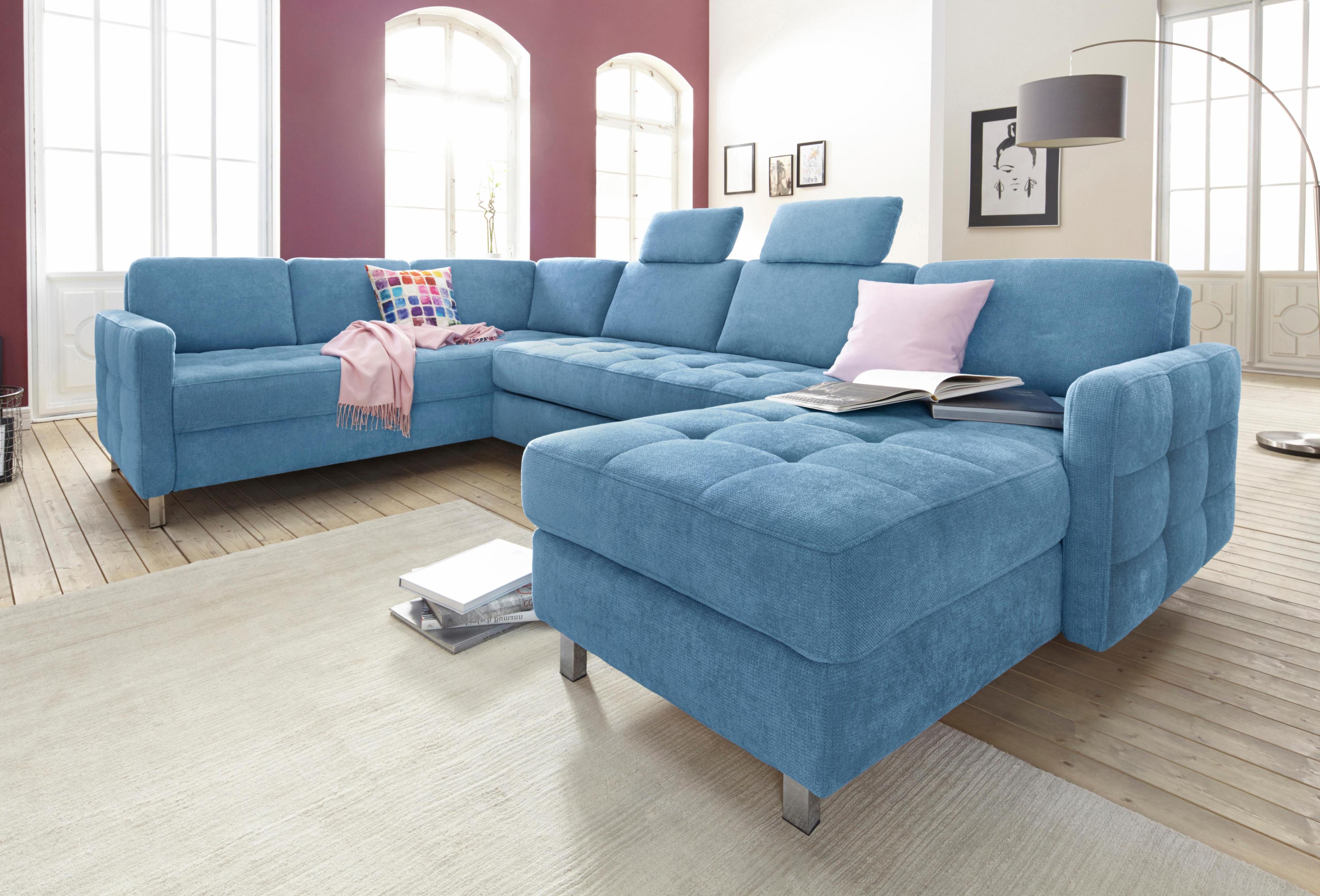 Wohnlandschaft SIT & MORE "Pablo U-Form", blau (hellblau), B:292cm H:80cm T:87cm, Struktur (100% Polyester);Kunstleder SOFTLUX;Luxus-Microfaser ALTARA NUBUCK (100% Polyester), Sofas, Wohnlandschaft, wahlweise mit Bettfunktion und Bettkasten