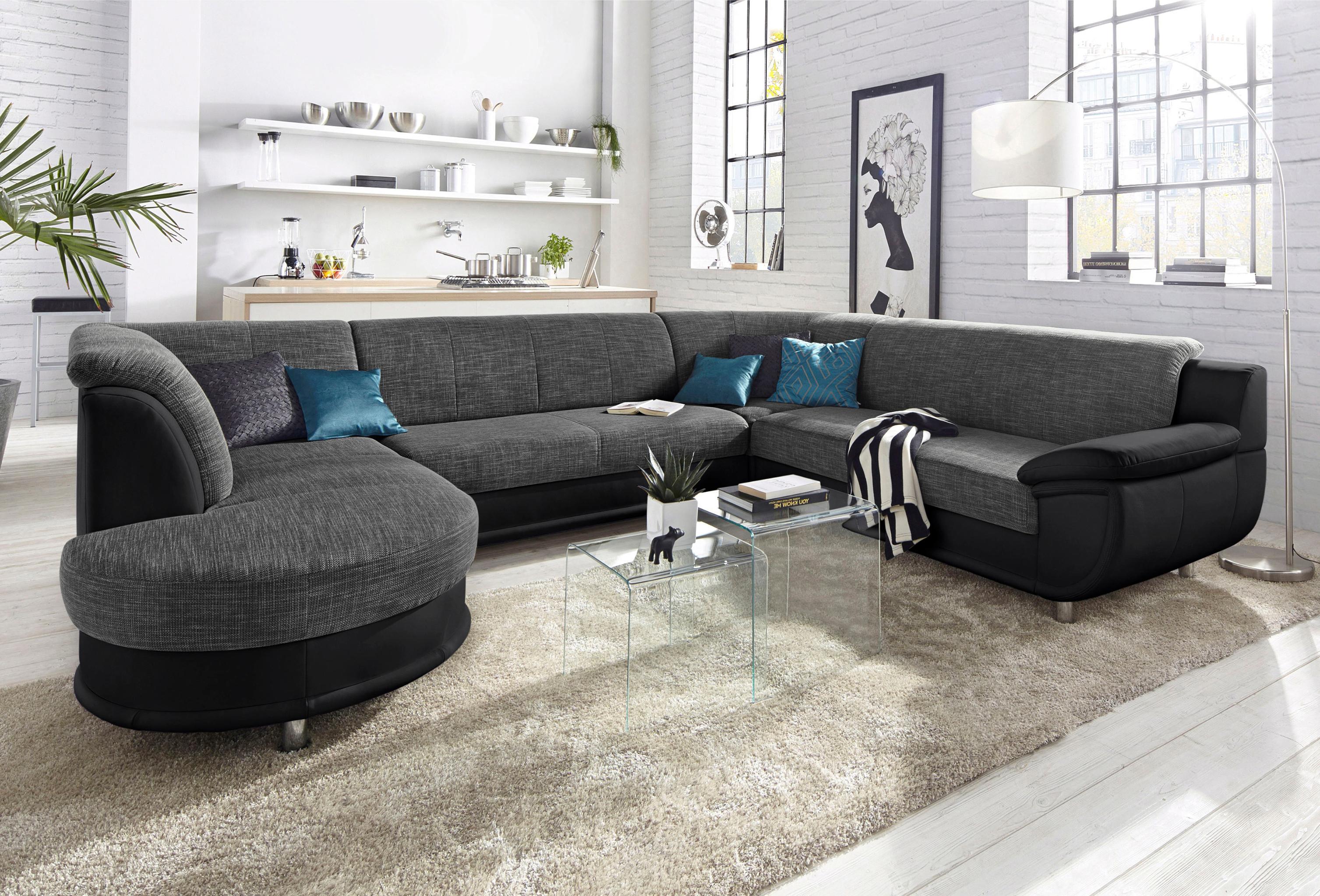 Wohnlandschaft TRENDMANUFAKTUR "Rondo 3, zeitlos und modern, im Materialmix, U-Form", schwarz-weiß (schwarz, schwarz, weiß), B:320cm H:85cm T:94cm, Kunstleder SOFTLUX / Struktur (77% Polyester; 23% Polyacryl);Luxus-Microfaser ALCAZAR (100% Polyester) / Feinstruktur (100% Polyester), Sofas, Wohnlandschaft, wahlweise für mehr Komfort mit Federkern, wahlweise mit Bettfunktion