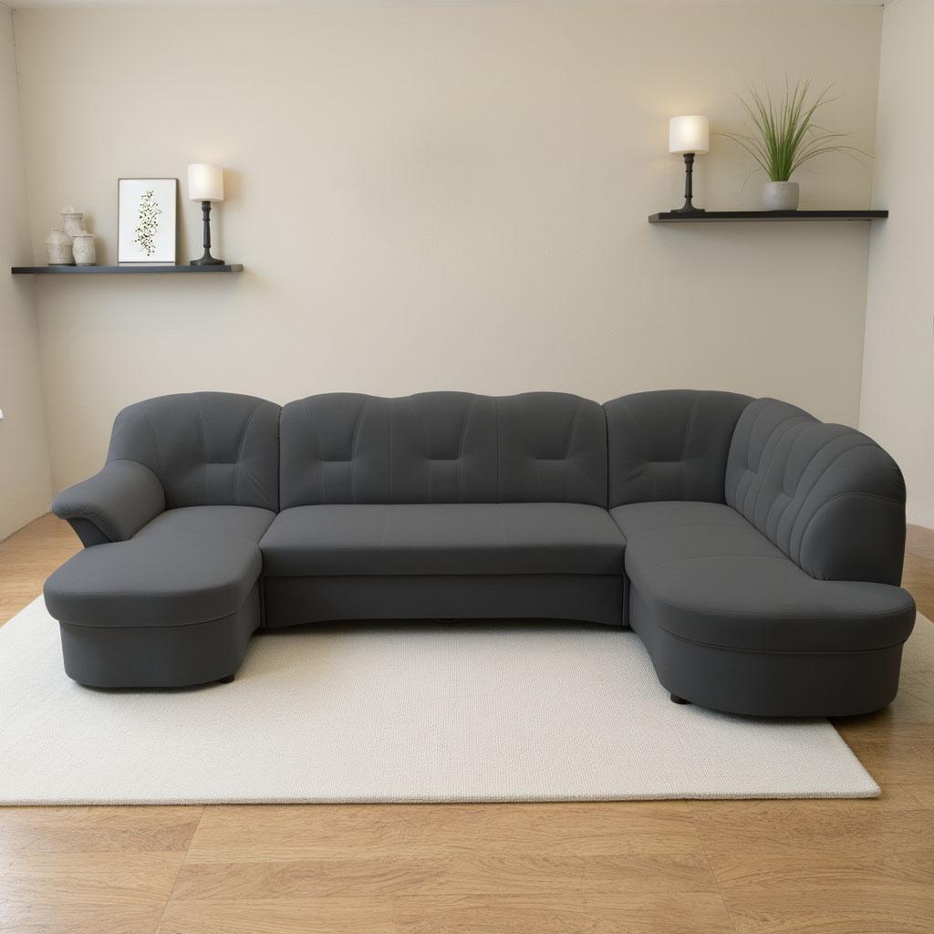 Wohnlandschaft DOMO COLLECTION "Flores auch in Leder-Bezug, B/T/H: 293/180/86 cm, U-Form", grau (dunkelgrau), B:293cm H:84cm T:182cm, 100% Polyester, Sofas, Wohnlandschaft, wahlw. mit Bettfunktion, wahlw. mit Federkern, Unser Dauertiefpreis