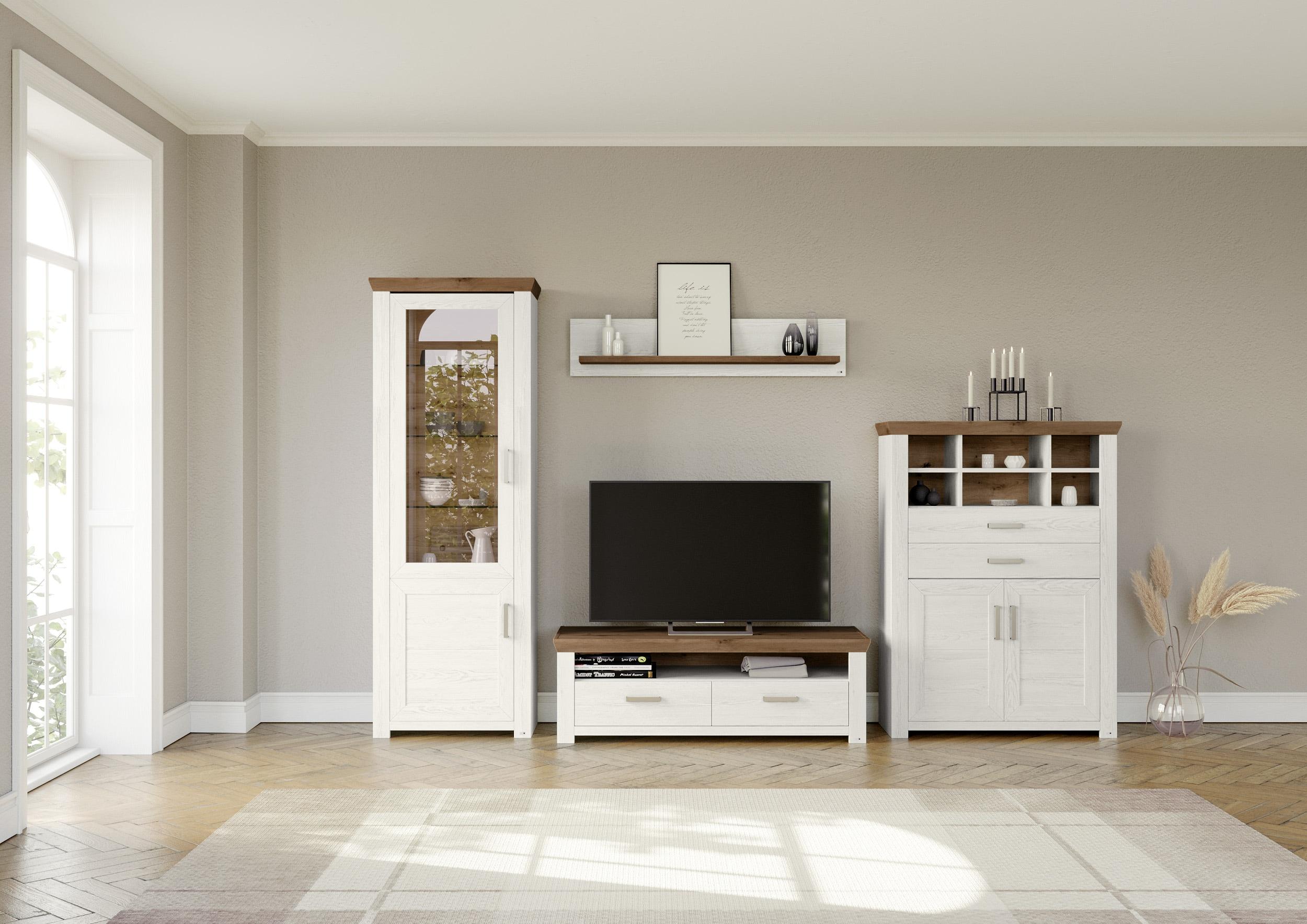 Wohnwand "York", weiß (weiß, eiche), B:314cm H:207cm T:51cm, Holzwerkstoff, SET ONE BY MUSTERRING, Kastenmöbel-Sets, Wohnwand, Kombination 23, in 3 Farbvarianten, Gesamtbreite 314 cm