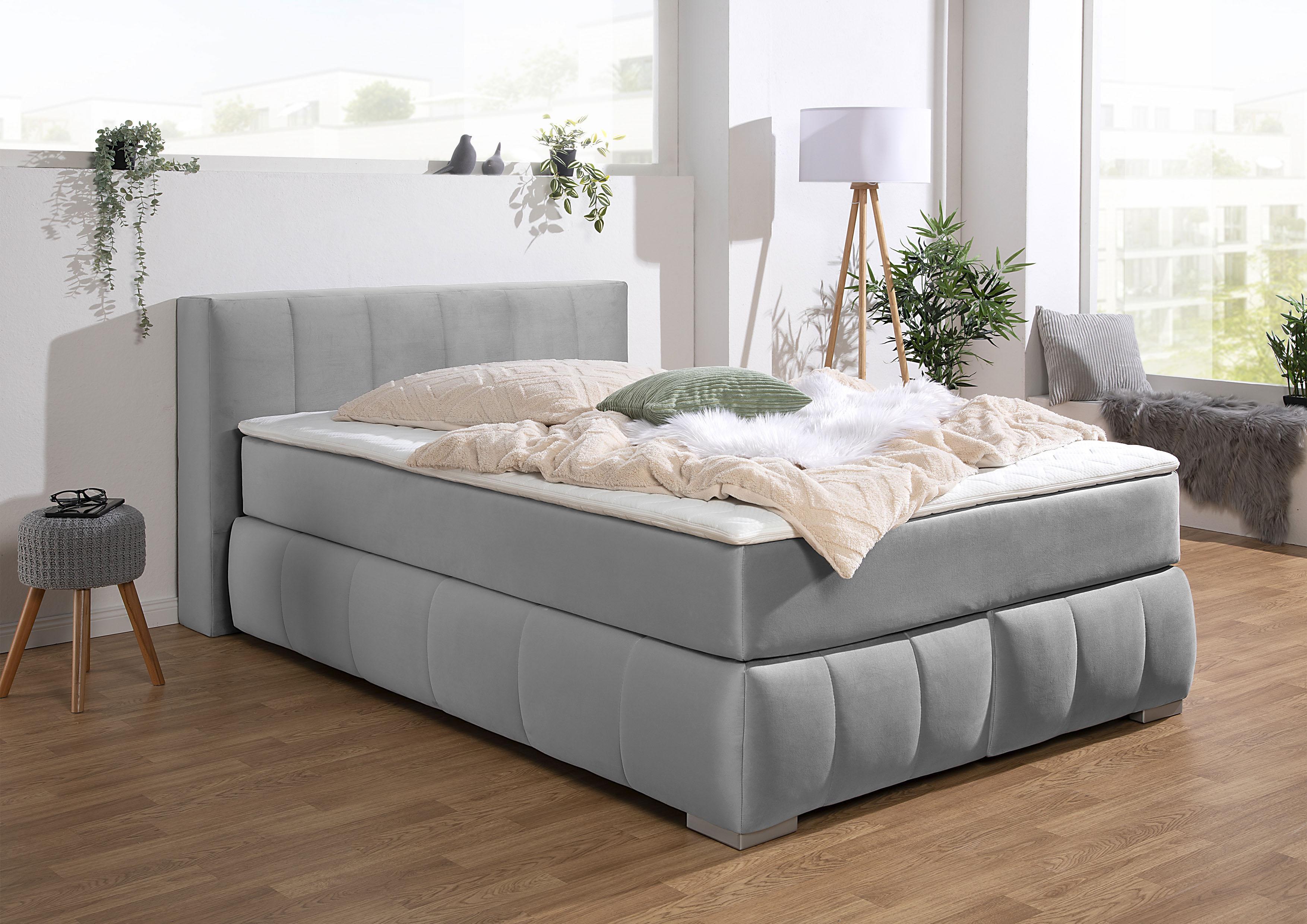 Boxspringbett HOME AFFAIRE "Chelles", silber, B:147cm L:225cm, Samtoptik (100% Polyester);Bezug der Spiegelfläche Matratzendrell aus 100% Polyester;Struktur fein 100% Polyester), Komplettbetten, Boxspringbett, inkl. Kaltschaumtopper, in 5 Breiten und 3 Matratzenarten