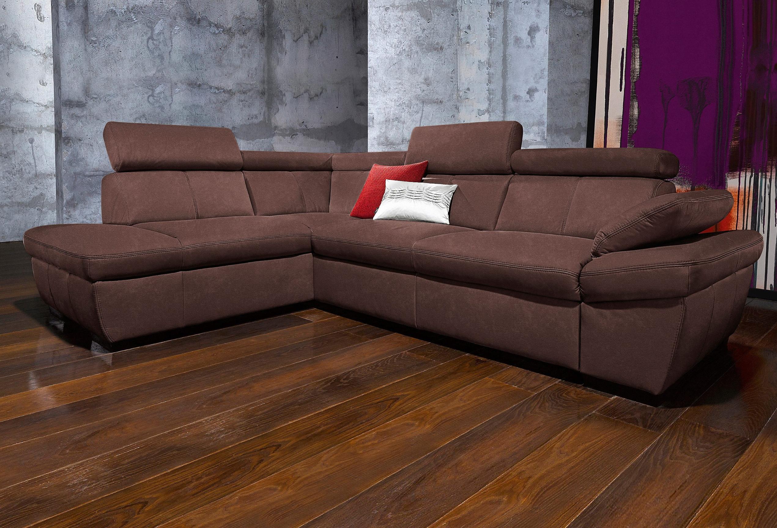 Ecksofa EXXPO - SOFA FASHION "Salerno, Funktionssofa, hoher Sitzkomfort, Breite 268cm, L-Form", braun (dunkelbraun), B:268cm H:77cm T:204cm, NaturLeder;Primabelle-Microfaser (100% Polyester);Luxus-Kunstleder, Sofas, Ecksofa, inkl. Kopf- und Armteilverstellung, wahlweise mit Bettfunktion