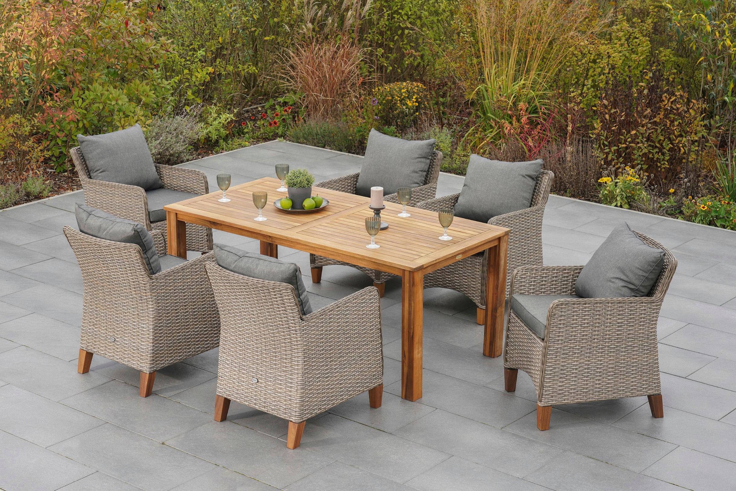 Garten-Essgruppe MERXX "Avellino", beige (steinbeige), Aluminium, Kunststoff, Massivholz, Sitzmöbel-Sets, Garten-Essgruppe, inkl. Auflagen