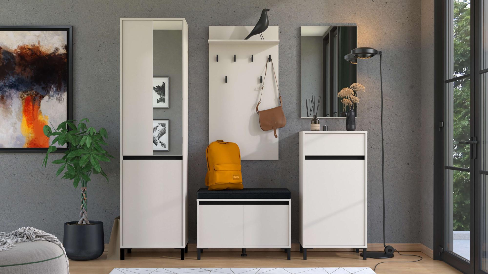 Garderoben-Set HOME AFFAIRE "Arran Flurmöbel, Dielenmöbel, Flurschrank, Flurgarderobe Breite 189 cm", kaschmir, B:189cm H:205,5cm T:40cm, Glas, Holzwerkstoff, Kunststoff, MDF, Metall, Kastenmöbel-Sets, Garderoben-Set, inkl. 2 Schränke, Sitzbank mit Kissen, Garderobenpaneele und Spiegel