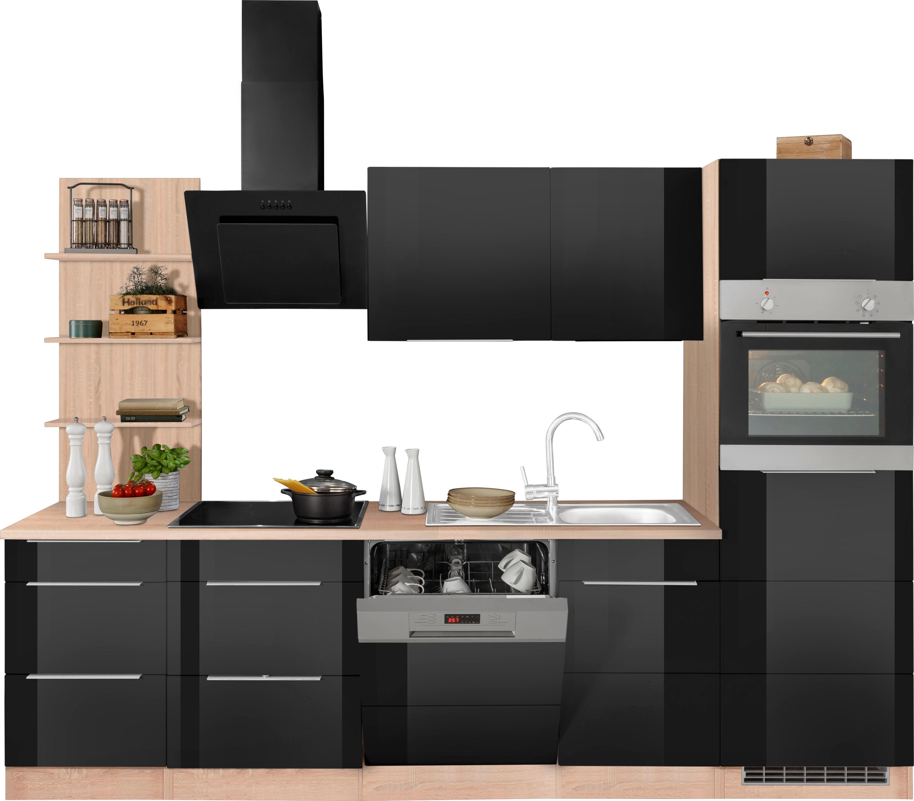 Küchenzeile KOCHSTATION "KS-Brindisi Breite 280 cm", schwarz (küche: schwarz, front: schwarz hochglanz, korpus: eichefarben, arbeitsplatte: eichefarben), B:280cm H:200cm T:60cm, Komplettküchen-Sets, Küchenzeile, wahlweise mit E-Geräten und Induktion, mit MDF-Fronten und Regal
