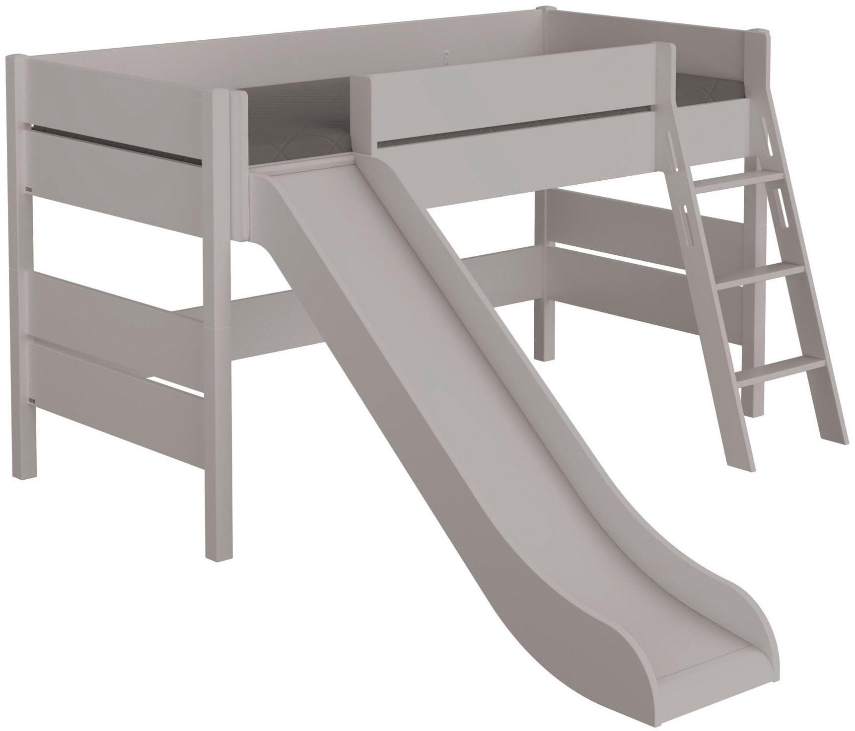 Spielbett PAIDI "TIAGO in verschiedenen Größen und Farben, mit Leiter und Rutsche", kieselgrau, kieselgrau, kieselgrau, B:241,7cm H:120,6cm L:210,4cm, Betten, Spielbett, Rausfallschutz, geprüfte Sicherheit, umbaubares Bett mit Massivholz