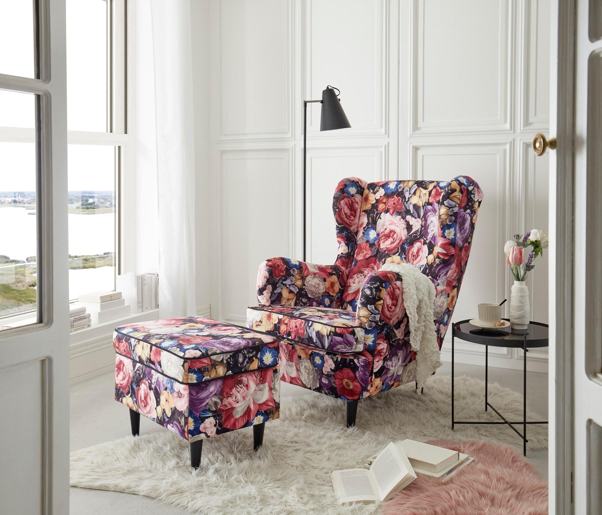 Ohrensessel ED EXCITING DESIGN "Laurel", bunt, B:78cm H:102cm T:98cm, 100% Polyester, Sessel, Ohrensessel, mit Massivholzfüße