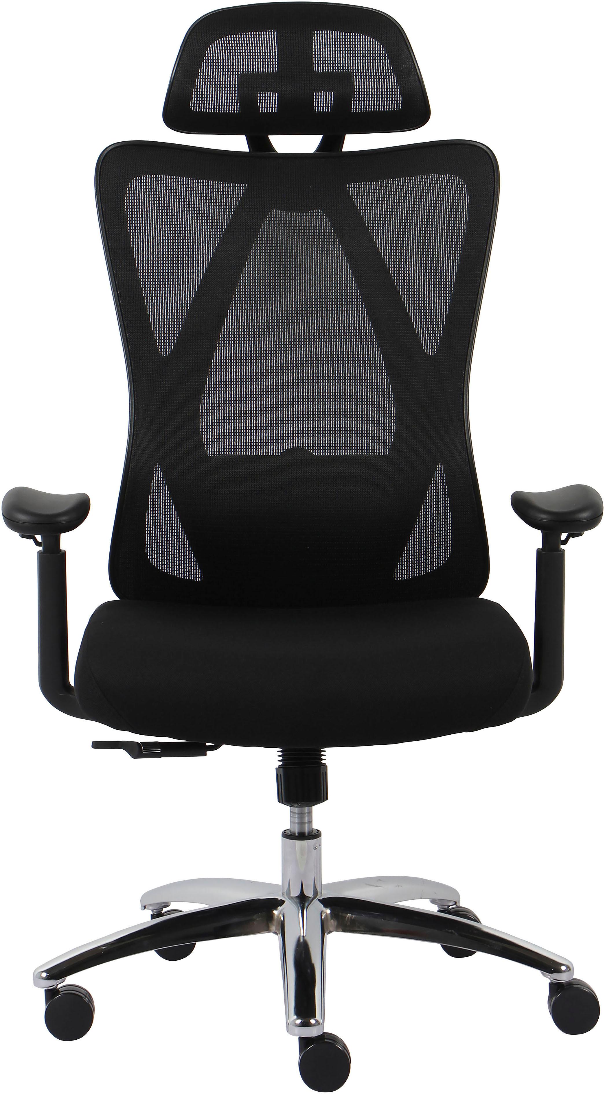 Bürostuhl OTTO HOME "ZAMIR, verstellbare Kopfstütze, Lendenwirbelstütze", schwarz (schwarz, schwarz), B:71cm H:127cm T:74cm, Stühle, Bürostuhl, Mesh Schreibtischstuhl, Chefsessel mit Wippfunktion & Hartbodenrollen