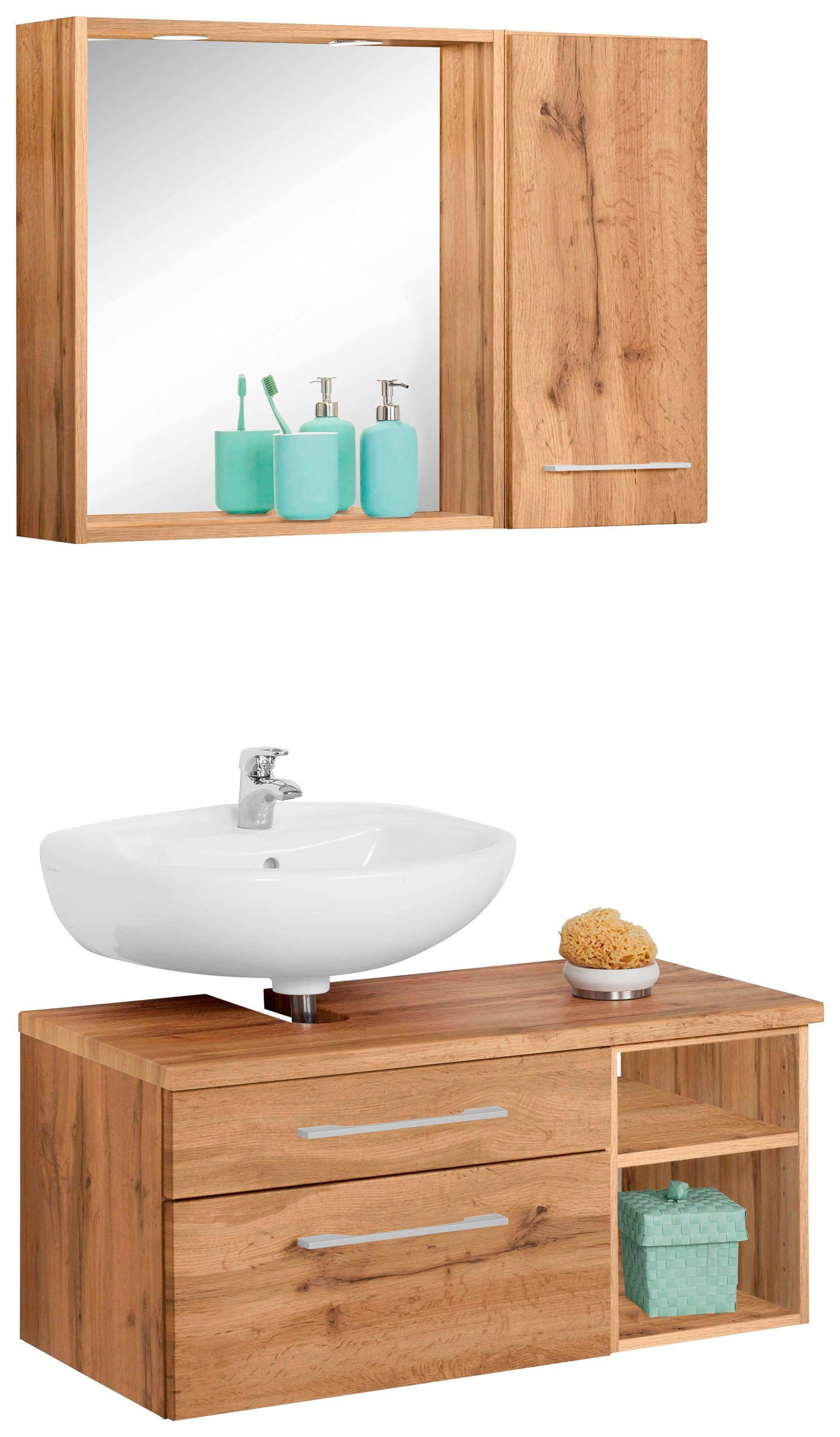 Badmöbel-Set WELLTIME "Davos", braun (eichefarben), Siphonausschnitt links, Holzwerkstoff, MDF, Melamin, Kastenmöbel-Sets, Badmöbel-Set, inklusive Beleuchtung, Hängeschrank und Waschbeckenunterschrank