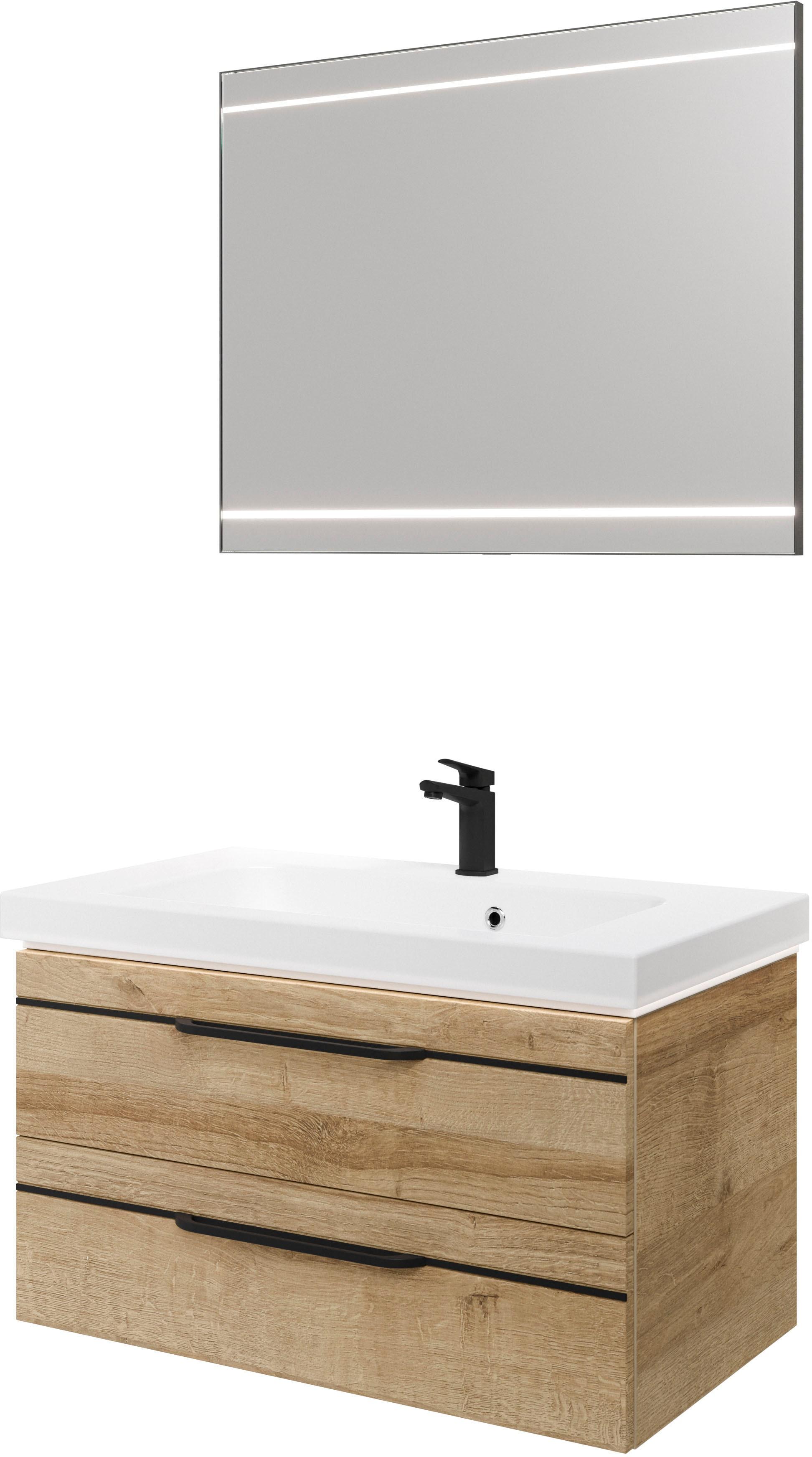 Badmöbel-Set SAPHIR "Balto 2-teilig Mineralmarmor-Waschtisch mit LED-Spiegel, Waschplatz", braun (riviera eiche quer nachbildung mit schwarzer einlage), B:92cm H:200cm T:50,8cm, Holzwerkstoff, Kastenmöbel-Sets, Badmöbel-Set, 92 cm breit, mit 2 Schubladen, Badschrank inkl. Schubladendämpfer