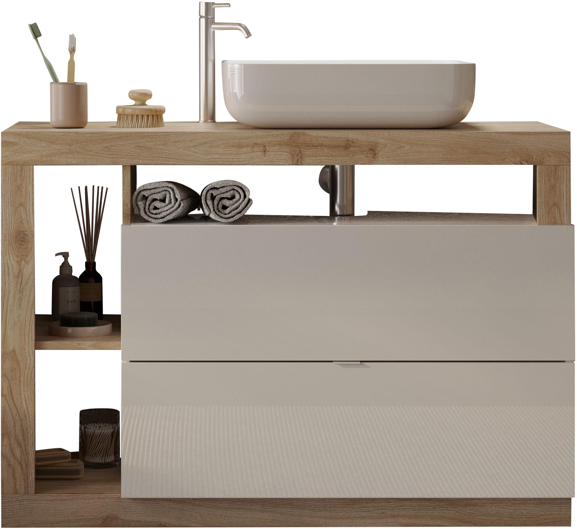 Waschtisch WELLTIME "Hamburg", braun (weiß, eiche cadiz nb, weiß), B:110cm H:93cm T:49cm, Waschtische, Waschtisch, 2 Schubkästen, Breite 110 cm, Soft-Close, inkl. Keramik-Aufsatzbecken