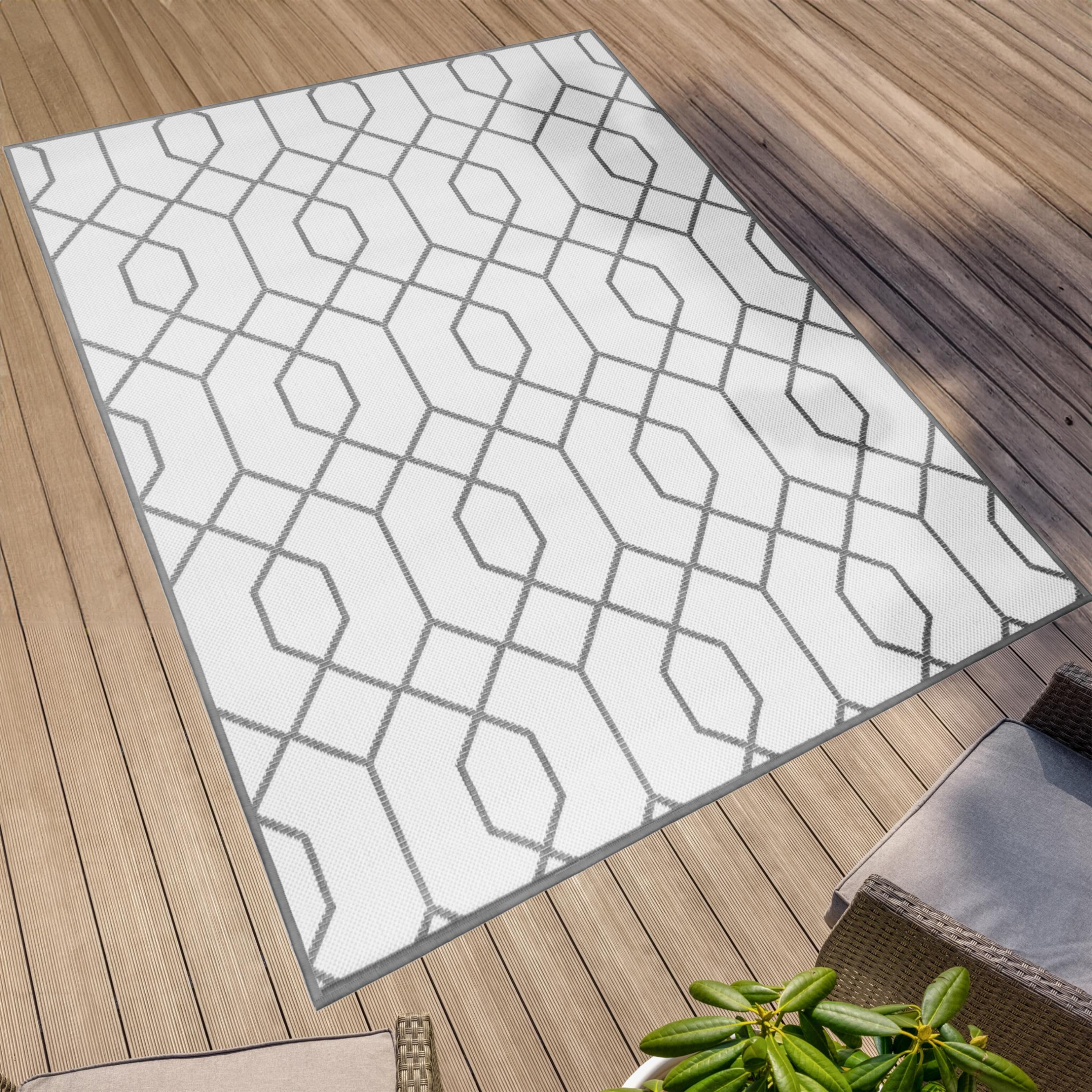 Teppich "Outdoorteppich REVERSO - Geo River", grau (grau,beige), B:160cm H:5mm L:220cm, Polypropylen, PRIMAFLOR-IDEEN IN TEXTIL, Teppiche, Teppich, Wendeteppich, modernes Design, In- und Outdoor geeignet, wasserfest