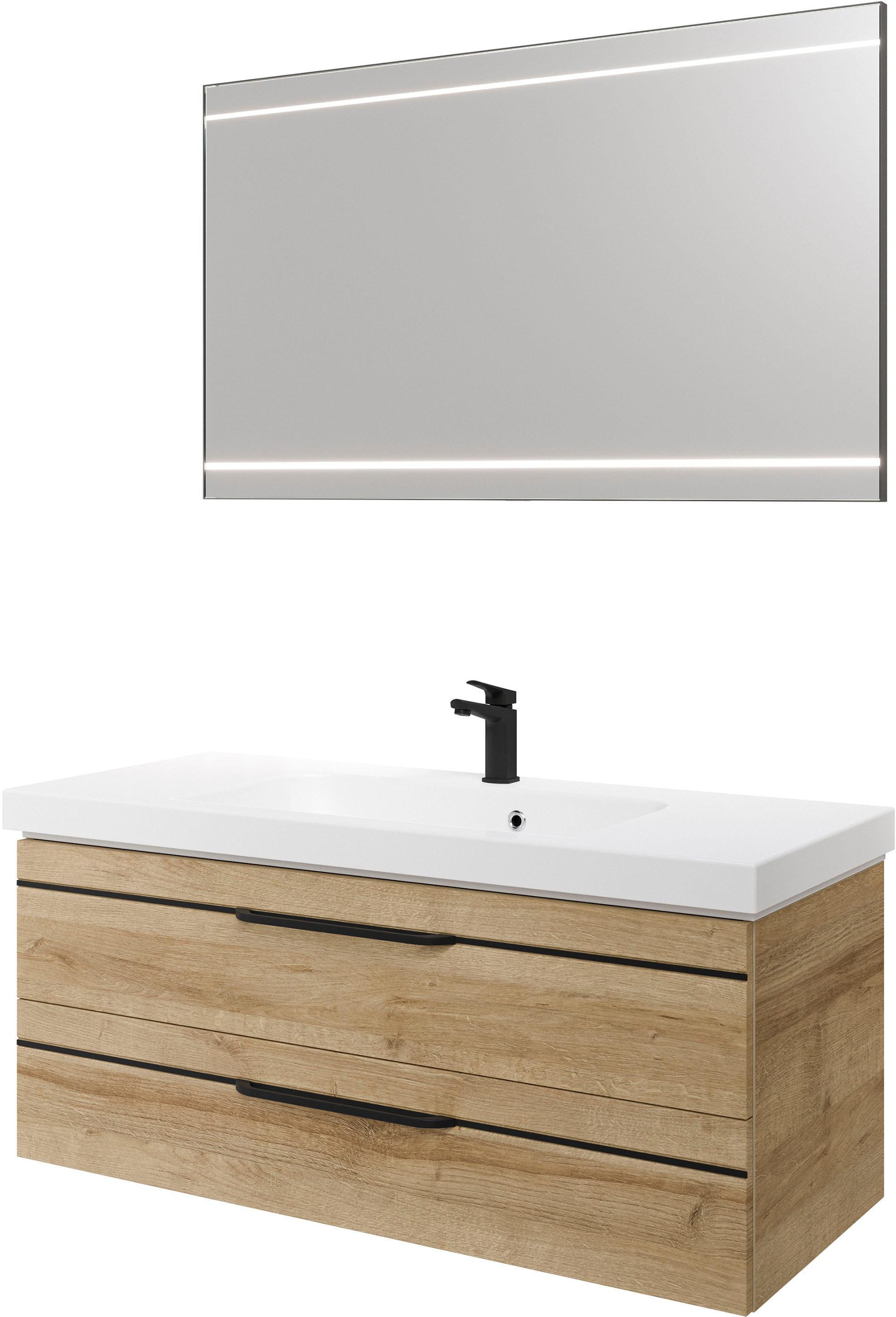 Badmöbel-Set SAPHIR "Balto 2-teilig Mineralmarmor-Waschtisch mit LED-Spiegel, 123 cm breit", braun (riviera eiche quer nachbildung mit schwarzer einlage), B:123cm H:200cm T:50,8cm, Holzwerkstoff, Kastenmöbel-Sets, Badmöbel-Set, Waschplatz mit 2 Schubladen, Badschrank inkl. Schubladendämpfer