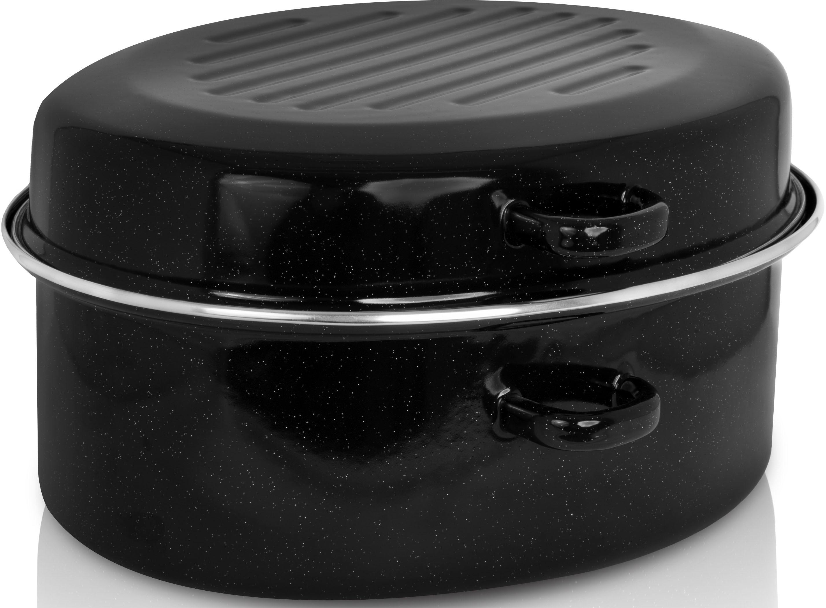 Bräter KRÜGER, schwarz, B:32cm H:13,5cm L:42cm, Töpfe, Bräter, gesprenkelt mit Chromrand, 42 cm, Induktion