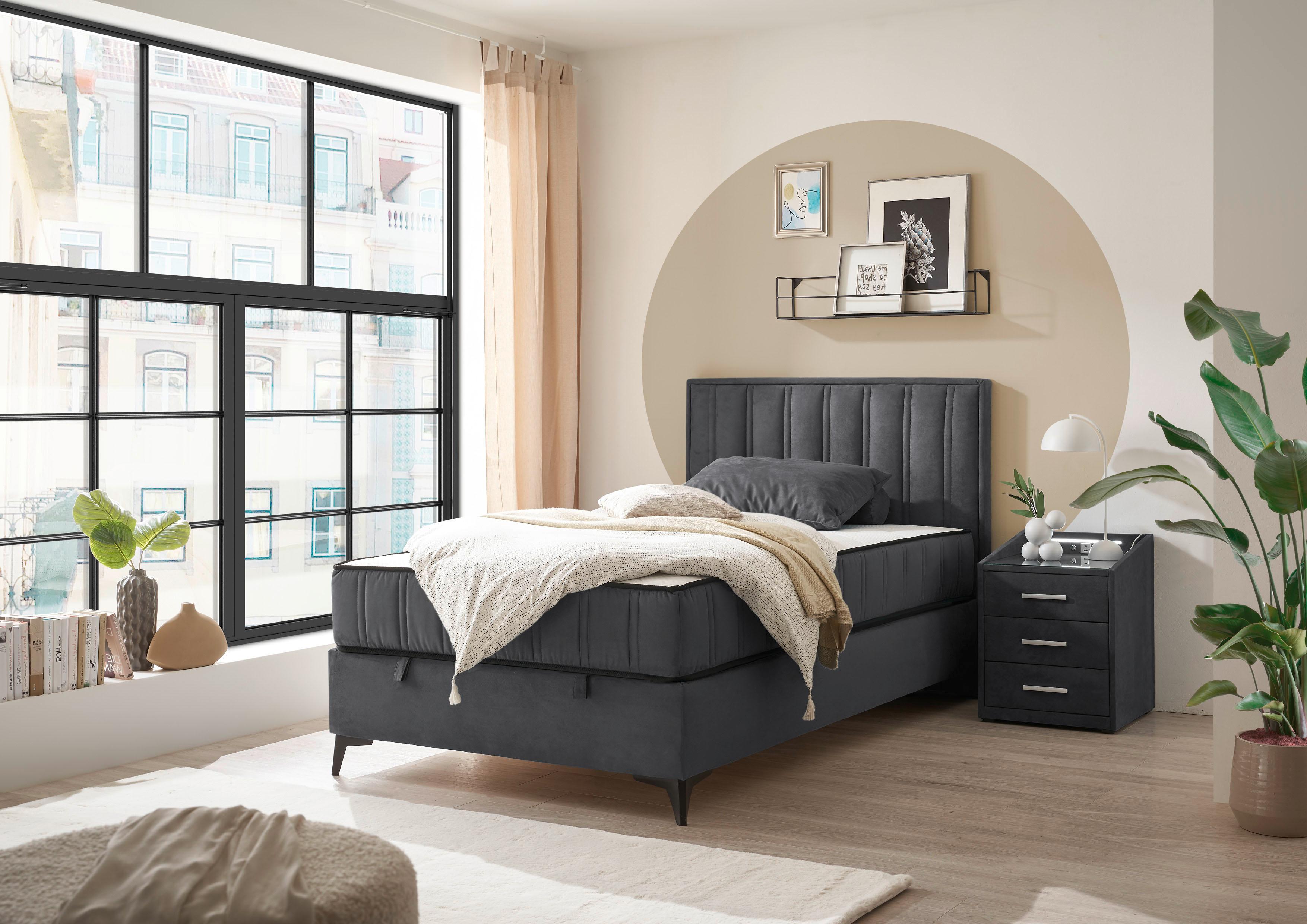 Boxbett ED EXCITING DESIGN "Monroe inkl. Bettkasten, erhältlich in den Breiten 120cm & 140cm", grau (anthrazit), B:123cm L:210cm, 100% Polyester, Komplettbetten, Boxbett, Duo-Matratze - feste Seite mit Kokosmatte