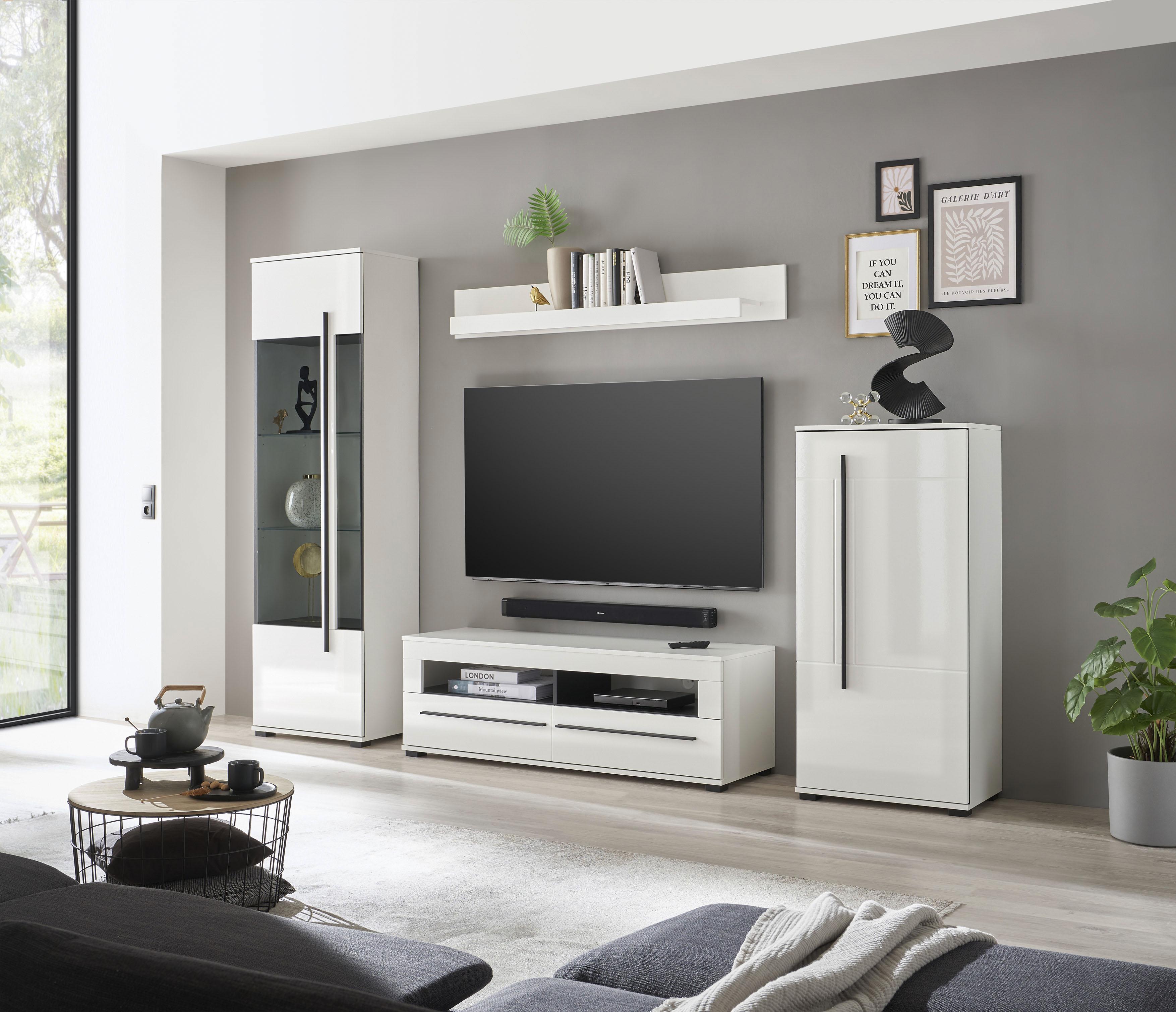 Wohnwand HOME AFFAIRE "Cantara, moderne Anbauwand, Komplettset", weiß (weiß, weiß hochglanz), B:280cm, Kastenmöbel-Sets, Wohnwand, enthält Vitrine, Lowboard, Stauraumelement und Wandboard, 280 cm breit