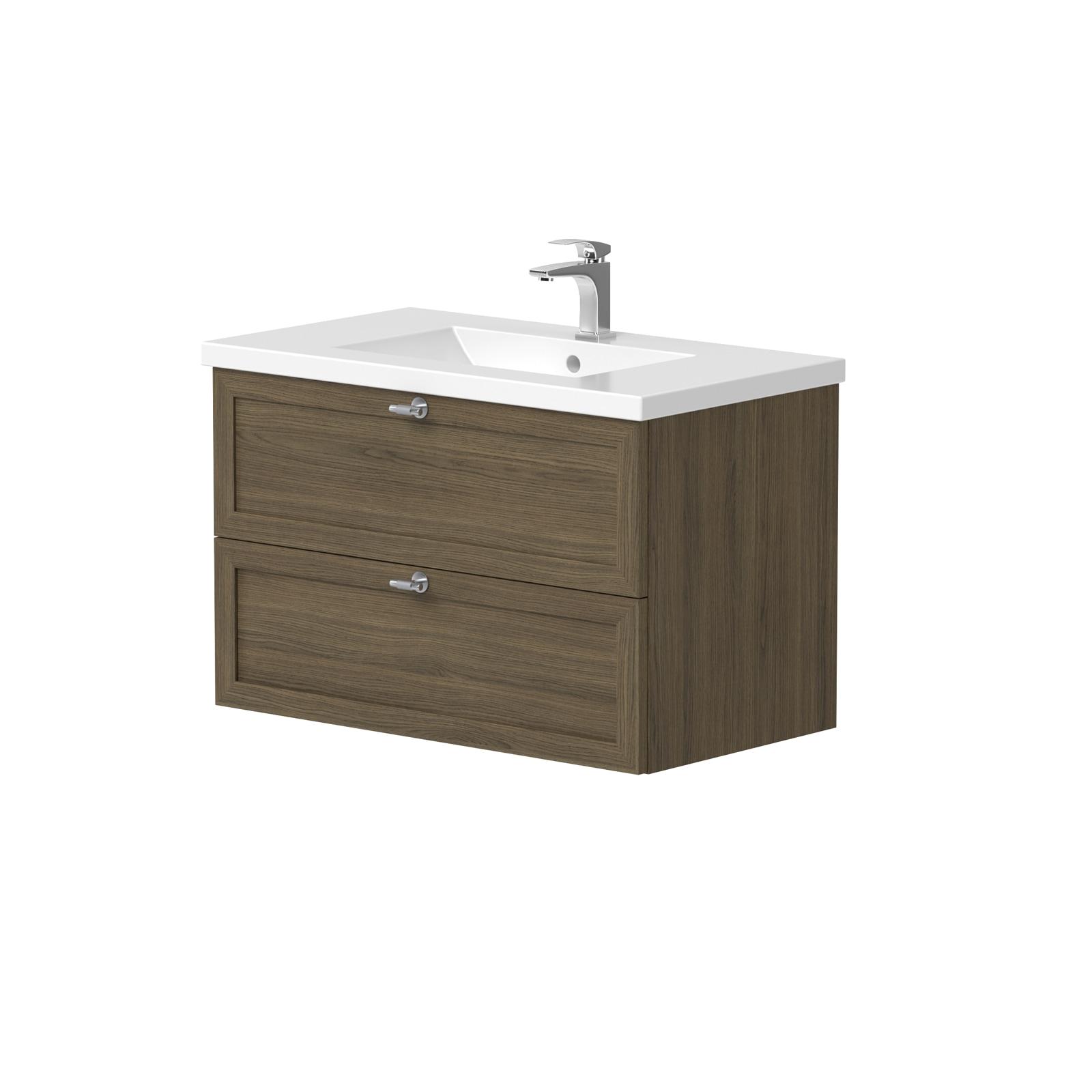 Waschtisch WELLTIME "Rustic", braun (smoked oak), B:80cm H:53,5cm T:46,5cm, FSC-zertifizierter Holzwerkstoff, Furnier, Waschtische, Waschtisch, mit Soft-Close-Funktion, Breite 81,5 cm, Eichenfurnier