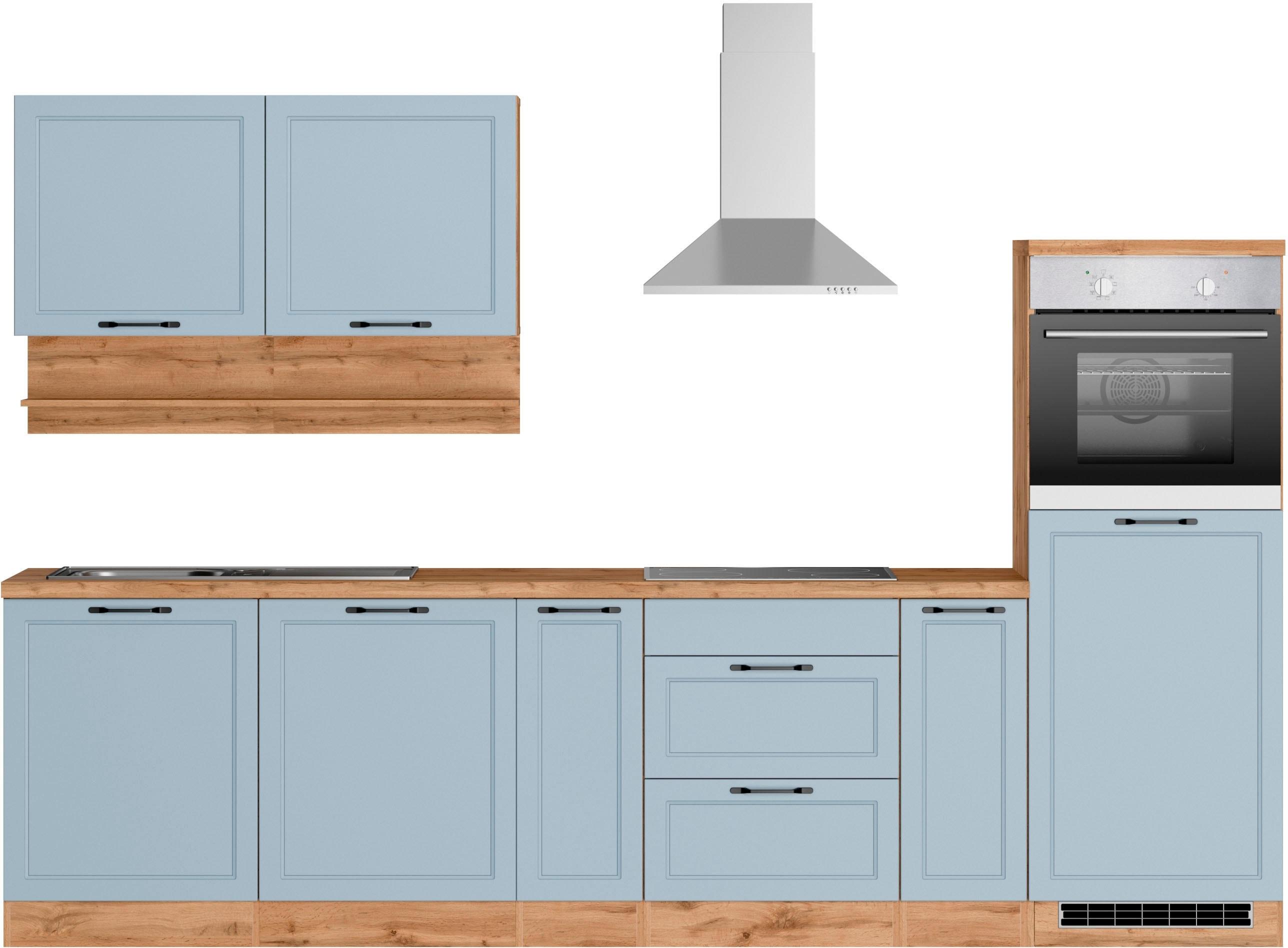 Küchenzeile KOCHSTATION "KS-Lana", blau (küche: blau, front: hellblau matt, korpus: wotaneichefarben, arbeitsplatte: wotaneichefarben), B:300cm H:200cm T:60cm, Komplettküchen-Sets, Küchenzeile, 300 cm breit, wahlweise mit oder ohne E-Geräte