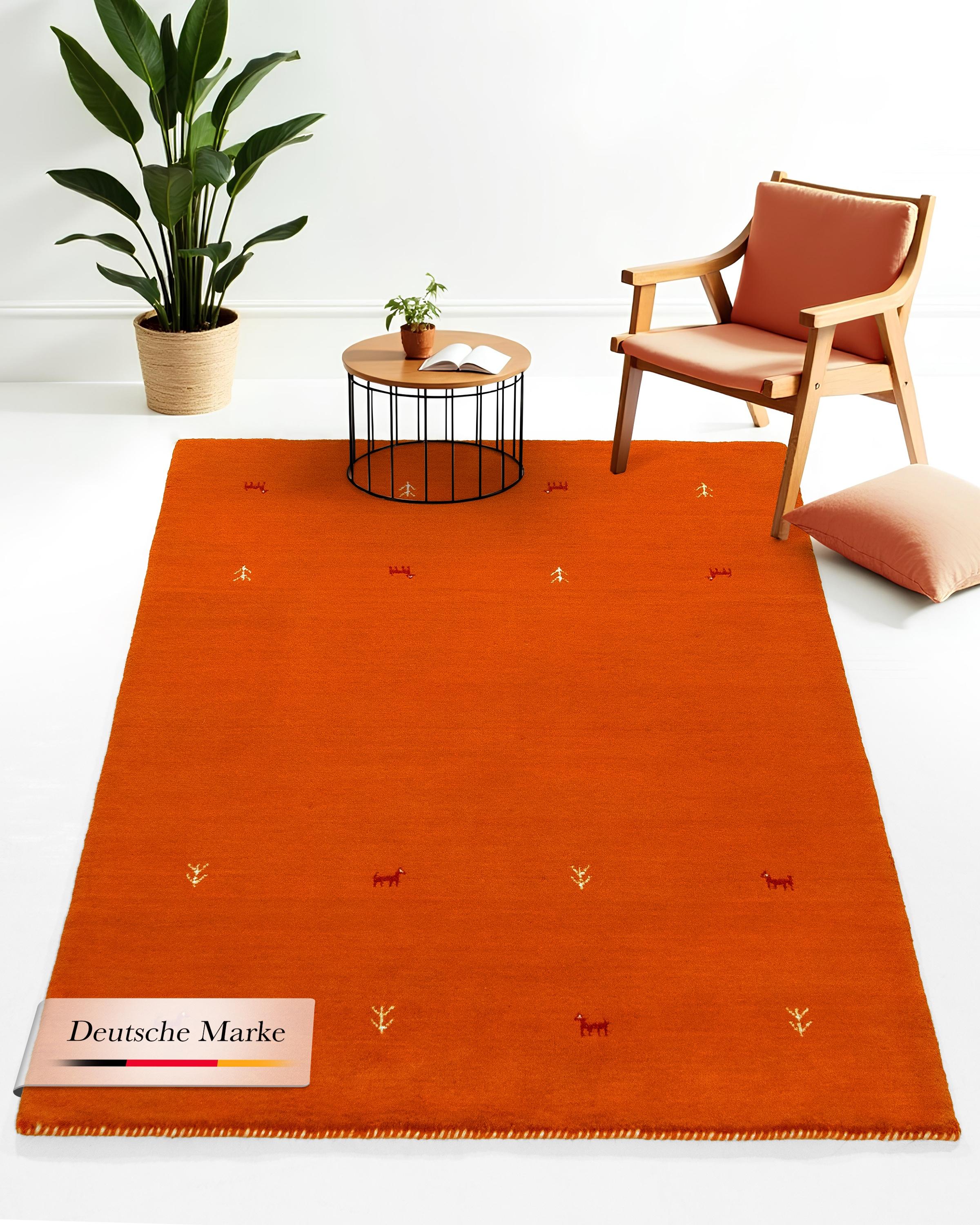 Wollteppich CARPETFINE "Gabbeh Uni, auch als Läufer und Rund erhältlich", orange, B:60cm H:15mm L:90cm, Wolle, Teppiche, Wollteppich, reine Wolle, handgewebt, Gabbeh Loom Tiermotiv, große Farbauswahl