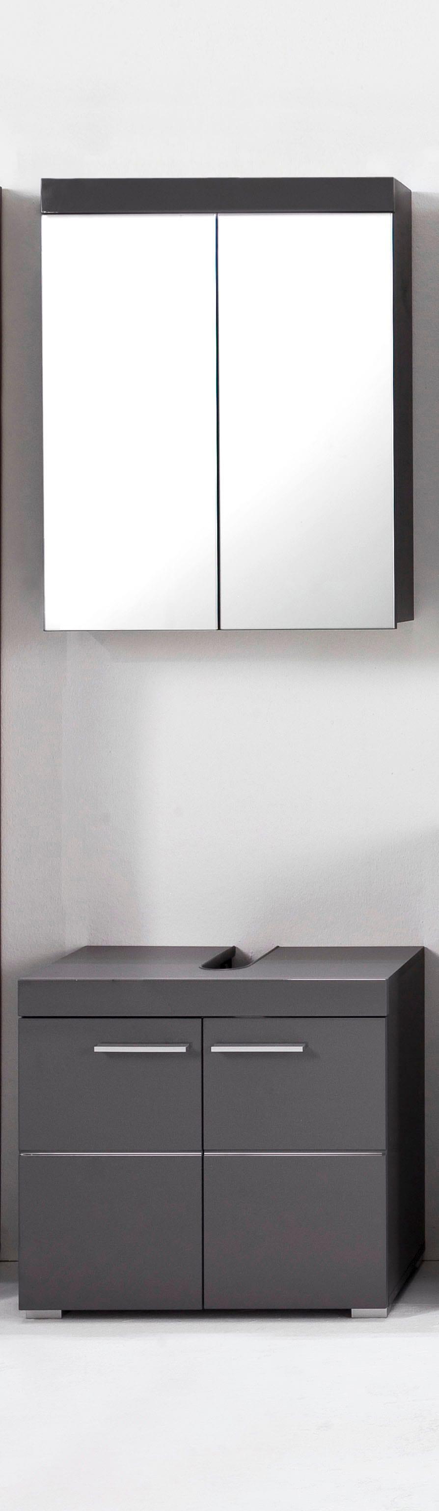 Badmöbel-Set WELLTIME "Avena", grau (korpus: grau melamin, front: agave grau hochglanz tiefzieh), Kastenmöbel-Sets, Badmöbel-Set, Set bestehend aus: Spiegelschrank & Waschbeckenunterschrank