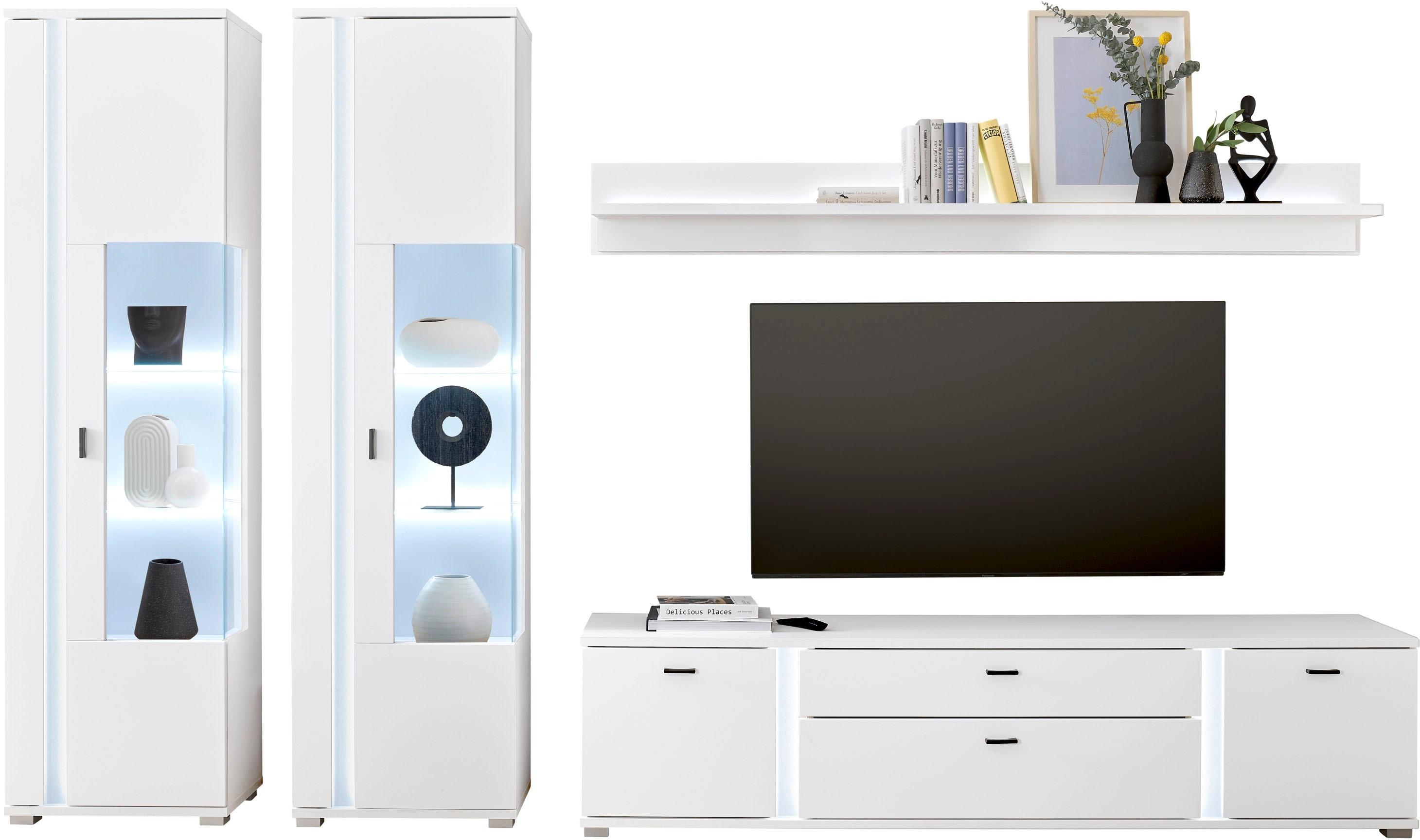 Wohnwand HOME AFFAIRE "LONG ISLAND", weiß, B:330cm H:200cm T:42cm, Holzwerkstoff, Kastenmöbel-Sets, Wohnwand, in moderner Trendfarbe,inklusive senkrechter Beleuchtung,Breite 330 cm