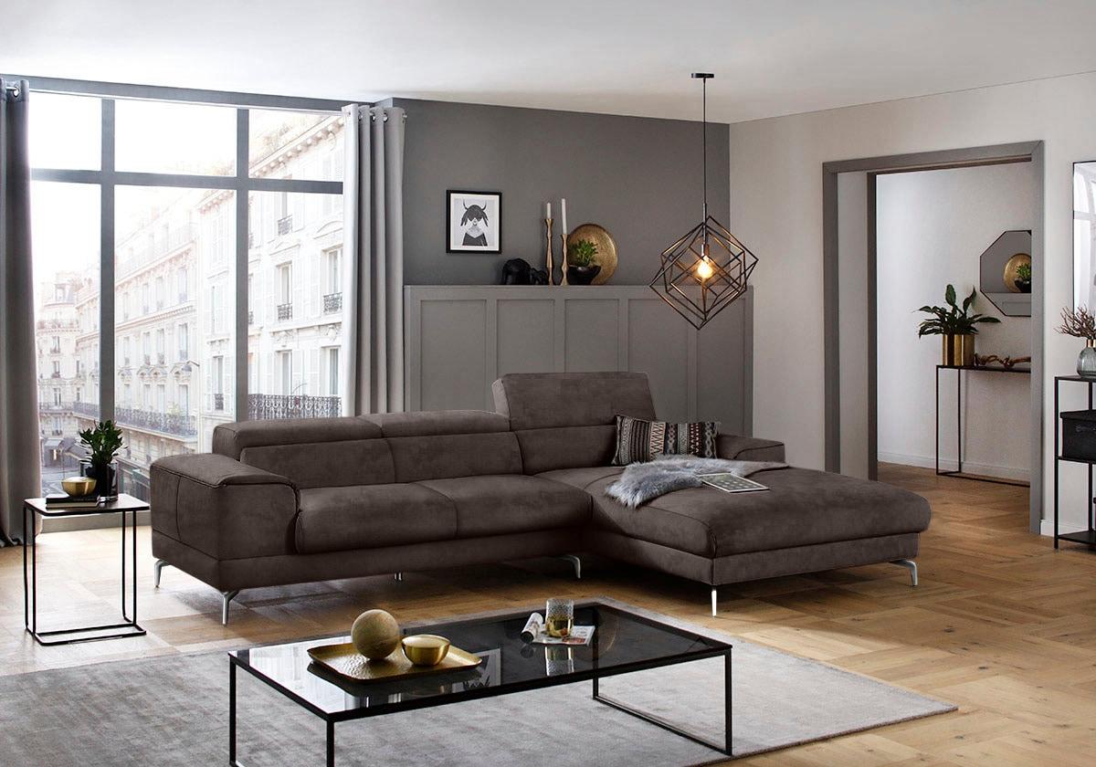 Ecksofa W.SCHILLIG "piedroo, Designsofa mit tollem Sitzkomfort, bequem und elegant, L-Form", braun (mocca s37), B:303cm H:70cm T:193cm, Stoff S37 (100% Polyester): Luxus-Microfaser in Lederoptik, Sofas, Ecksofa, Kopfteilverstellung, wahlweise mit Sitztiefenverstellung, Breite 303cm