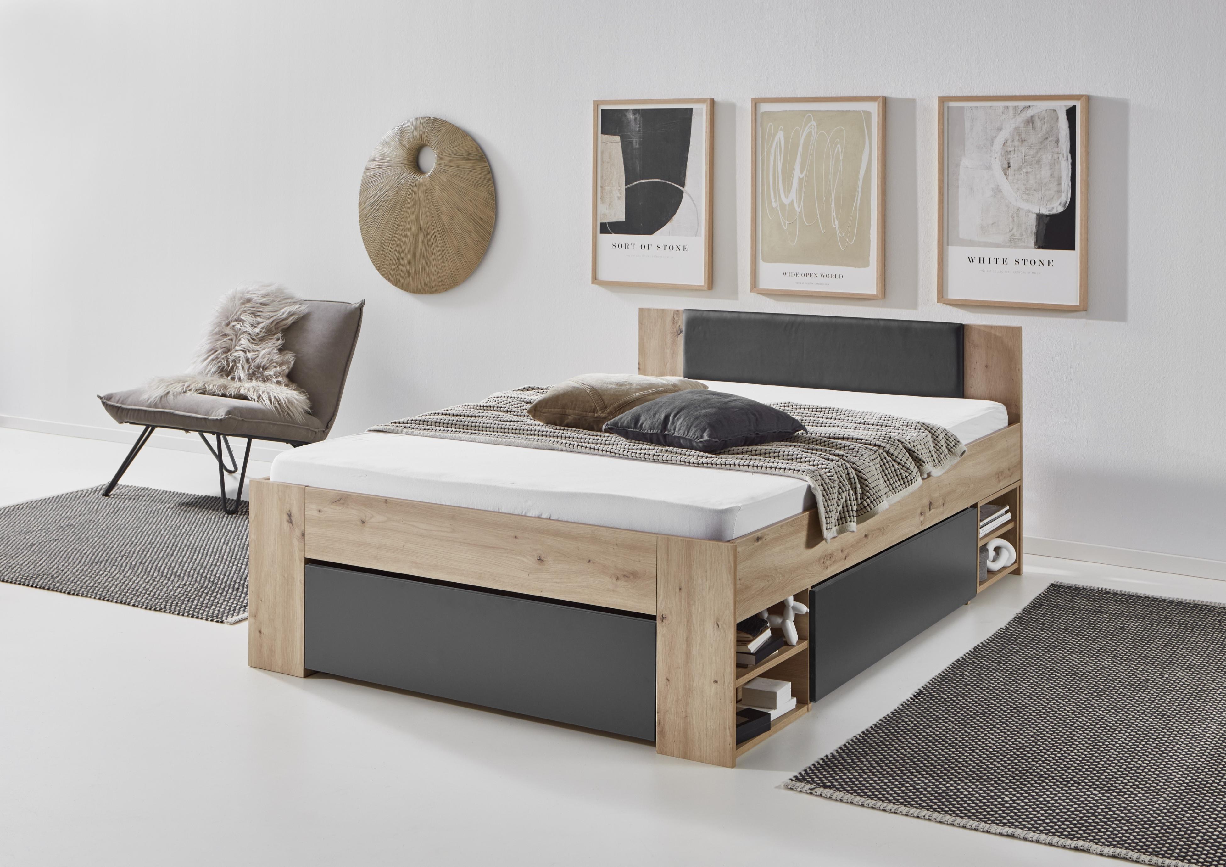 Stauraumbett RELITA "Stefan mit großen Schubladen u. Nako auf Rollen, inkl. Latten", braun (eiche artisan, eiche artisan, eiche artisan, absatz in kunstleder, optik schwarz), B:143cm H:80cm L:203cm, Betten, Stauraumbett, mit komfortabler Liegehöhe, in 2 Breiten und 2 Farben erhältlich