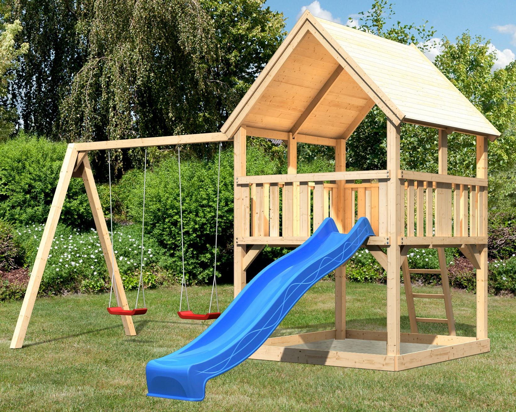 Spielturm KONIFERA "Lenie C", beige (natur, rot), Spieltürme, KinderB:475,5cm H:345cm T:275,5cm, Holzwerkstoff, Spielturm, BxTxH: 476x276x345 cm, B:475,5cm H:345cm T:275,5cm