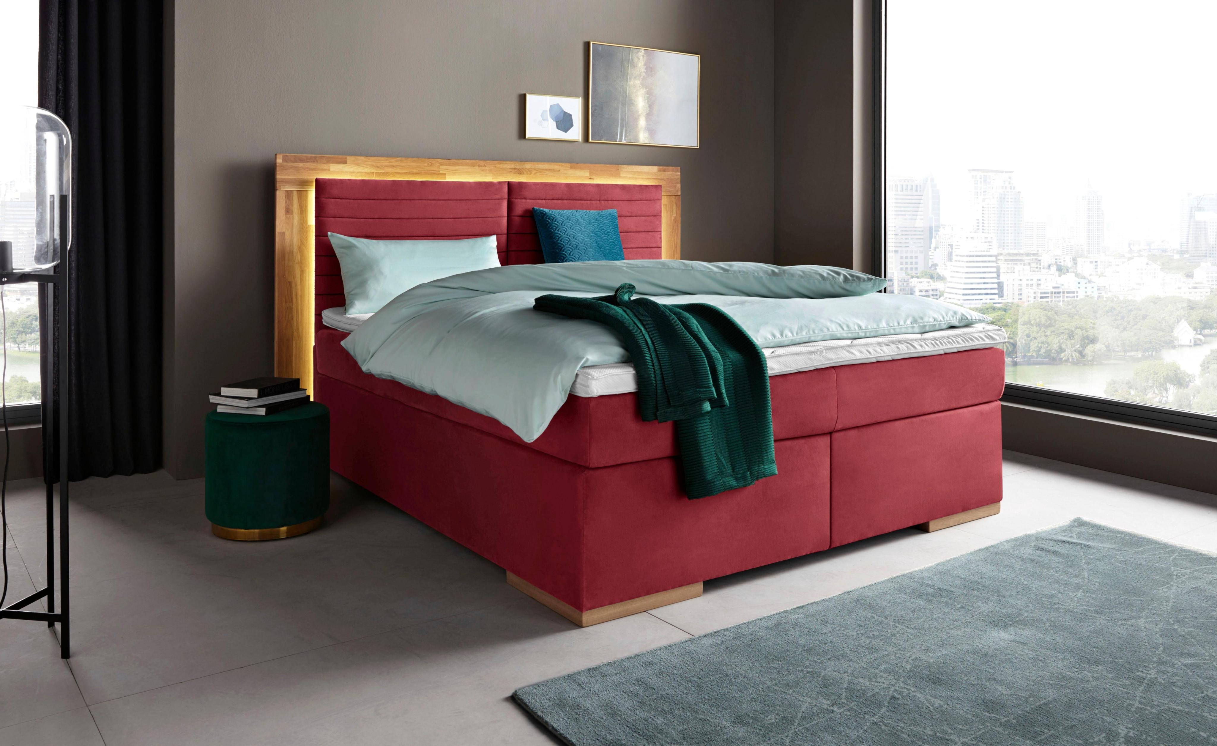 Boxspringbett HOME AFFAIRE "Cup", rot (bordeaux), B:230cm L:206cm, Bezug: Luxus-Microfaser (100% Polyester);Bezug: Microfaser (100% Polyester), Komplettbetten, Boxspringbett, mit LED-Beleuchtung, Massivholzrahmen und Topper, in 2 Härtegraden