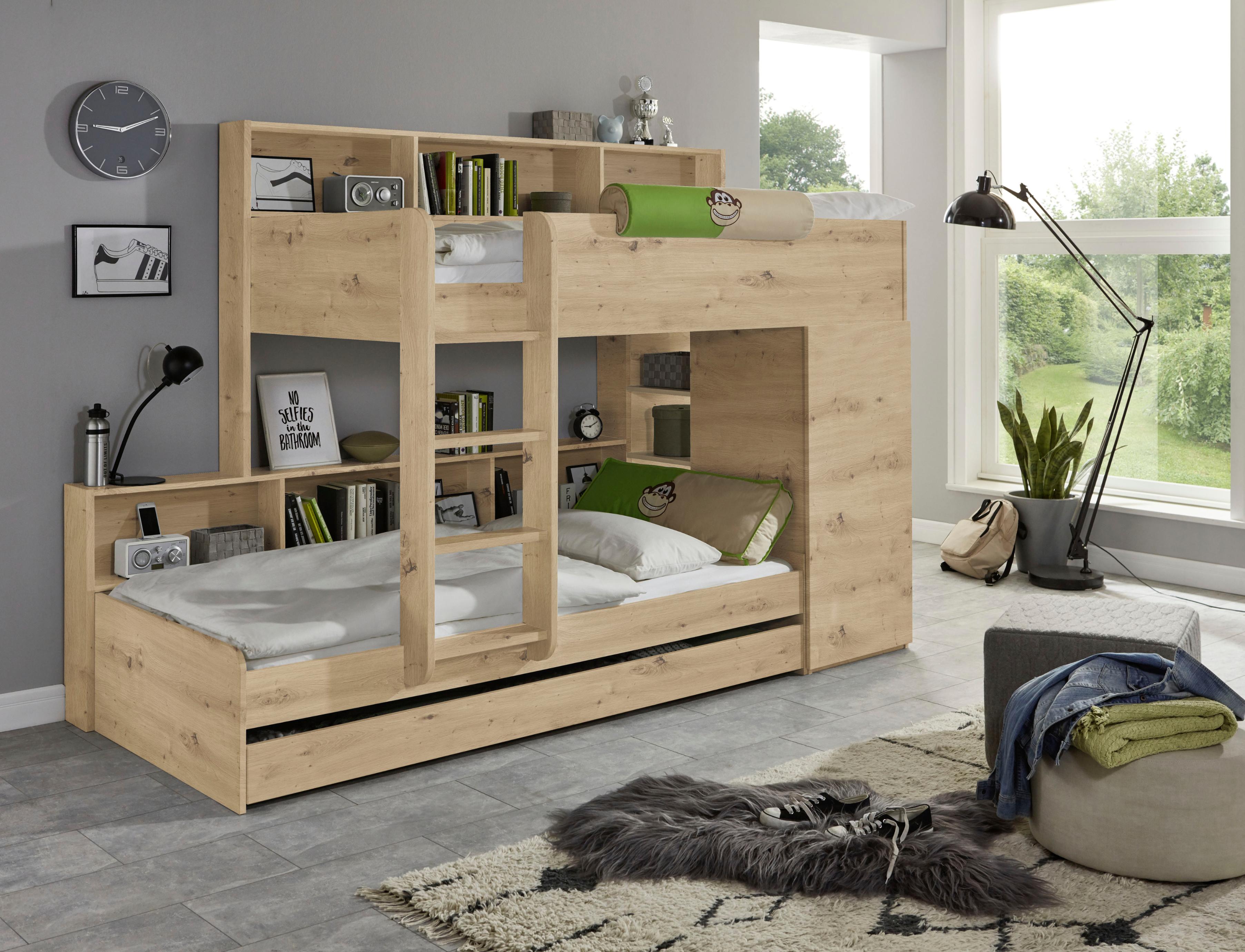 Etagenbett RELITA, beige (eiche artisan, eiche artisan, eiche artisan), B:111,1cm H:181,2cm L:258,6cm, Etagenbetten, Etagenbett, 2 Schlafgelegenheiten, Kleiderschrank, Regalablagen u. Bettschublade