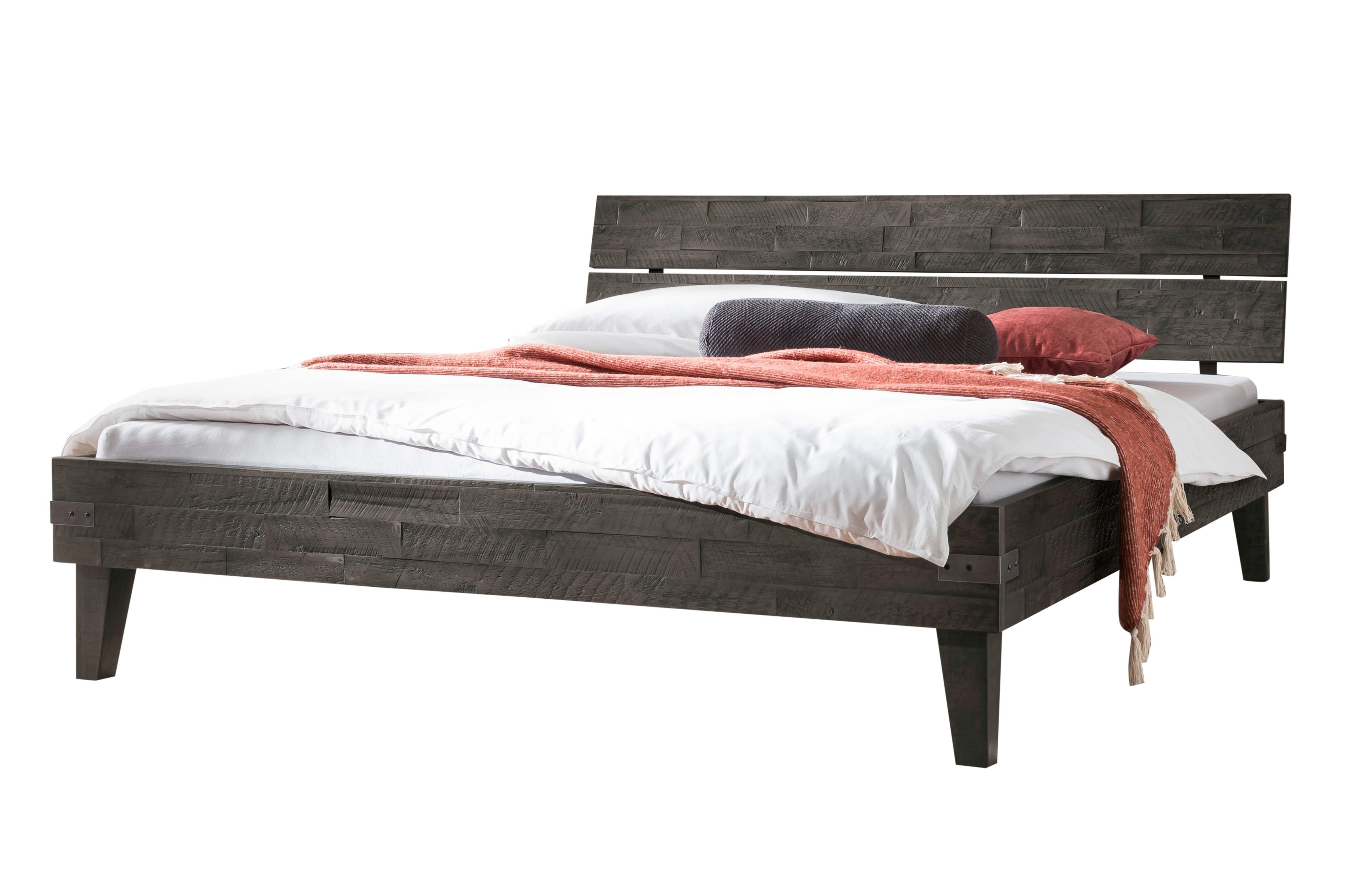 Bettgestell HASENA "Aloa", grau (grau, grau), B:96cm H:82cm L:216cm, Betten, Bettgestell, Akazie massiv, mit Massivholzkopfteil, zwei verschiedene Liegehöhen