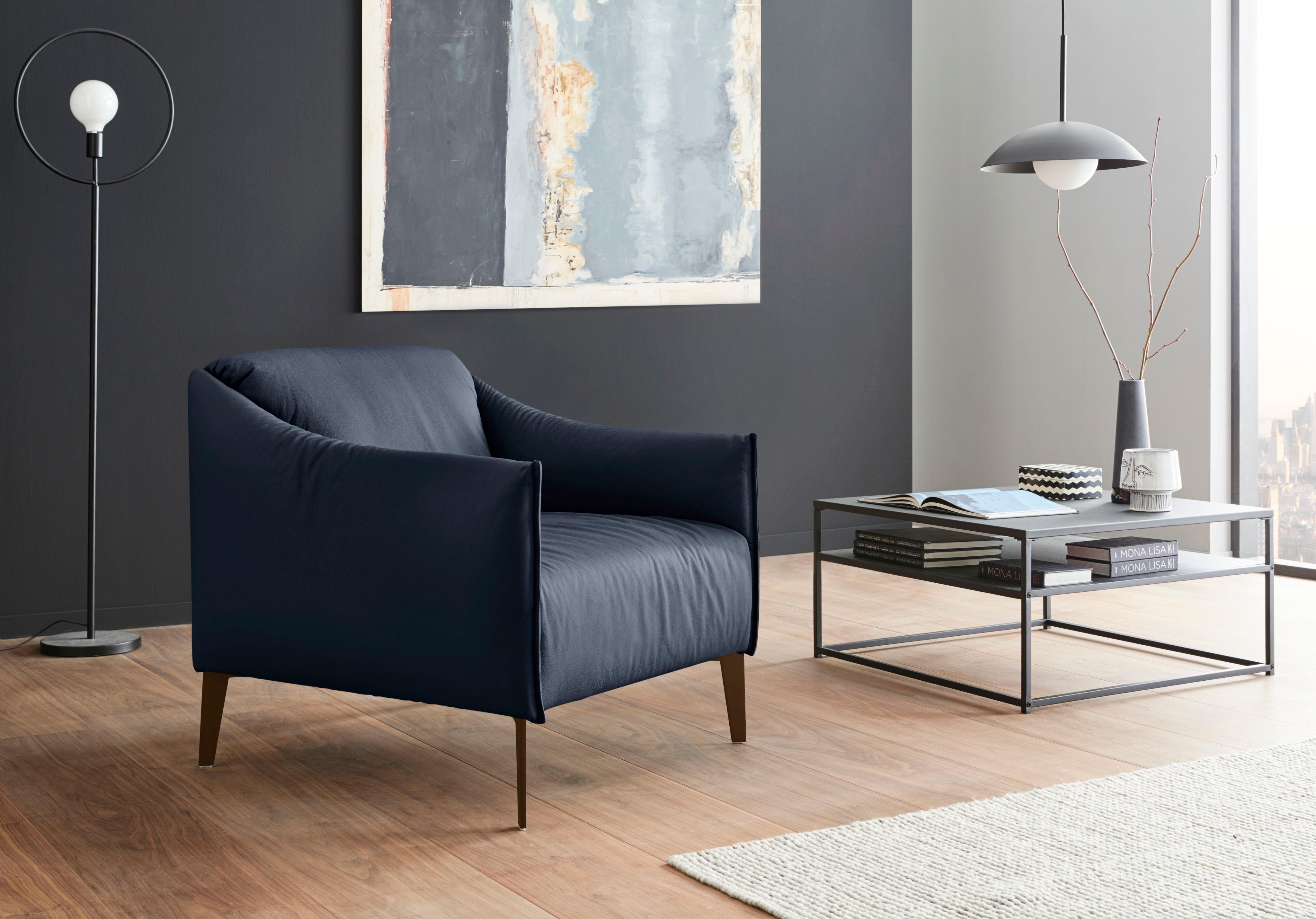 Cocktailsessel W.SCHILLIG "sally", blau (blau z59), B:84cm H:78cm T:84cm, Longlife Xtra-Leder Z59: Glattleder mit modischer Prägung. Hautstärke 0, 9 - 1, 1 mm., Sessel, Cocktailsessel, mit Metall-Winkelfüßen in Bronze pulverbeschichtet