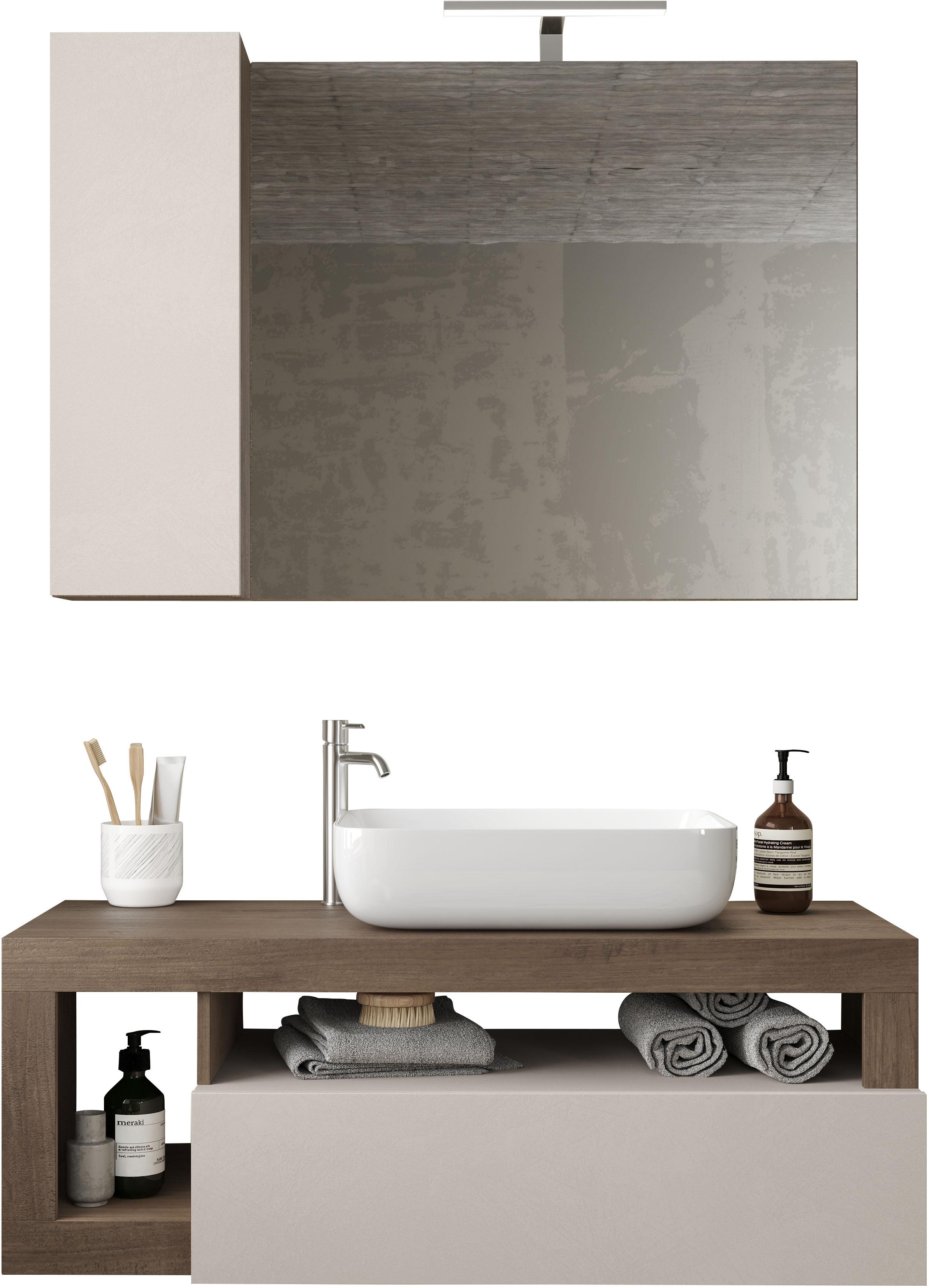 Badmöbel-Set WELLTIME "Hamburg, Badezimmerset 2tlg. Breite 110 cm, Badmöbel, Waschtisch inkl.", weiß (cashmere, mercure nb holzstruktur), B:110cm H:190cm T:49cm, Holzwerkstoff, Kastenmöbel-Sets, Badmöbel-Set, Waschbecken, Spiegelschrank mit LED Aufbauleuchte, Soft-Close-Funktion