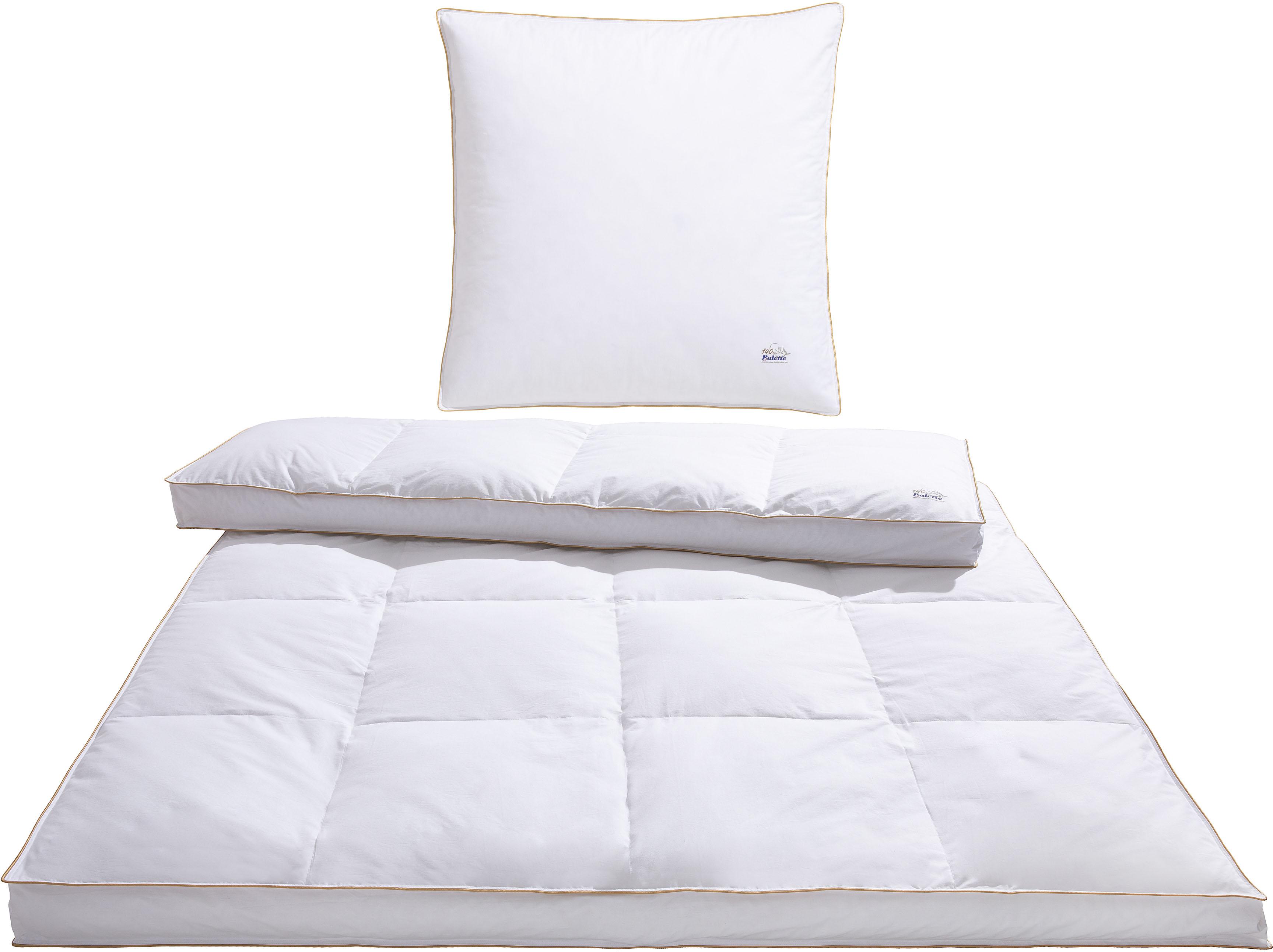 Daunenbettdecke + Kopfkissen BALETTE "140 Jahre Balette, in 5 Wärmeklassen, Made in Germany, Downpass", weiß, B/L: 155cm x 220cm Anzahl Teile 1, B/L: 80cm x 80cm Anzahl Teile 1, Bezug: Baumwolle Füllung: Entendaune/-feder, polarwarm, Bettdecken Bezug: 100% Baumwolle. Kopfkissen Bezug: 100% Baumwolle. Bettdecken Füllung: 100% Daunen. Kopfkissen Füllung: 85% Federn, 15% Daunen, Bettwaren-Sets, Daune