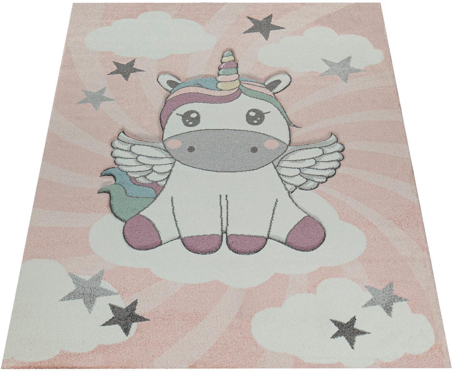 Kinderteppich PACO HOME "Cosmo 395", pink, B:133cm H:12mm L:133cm, Polypropylen, Teppiche, Kinderteppich, 3D-Design, niedliches Einhorn Motiv, Pastell-Farben, Kinderzimmer