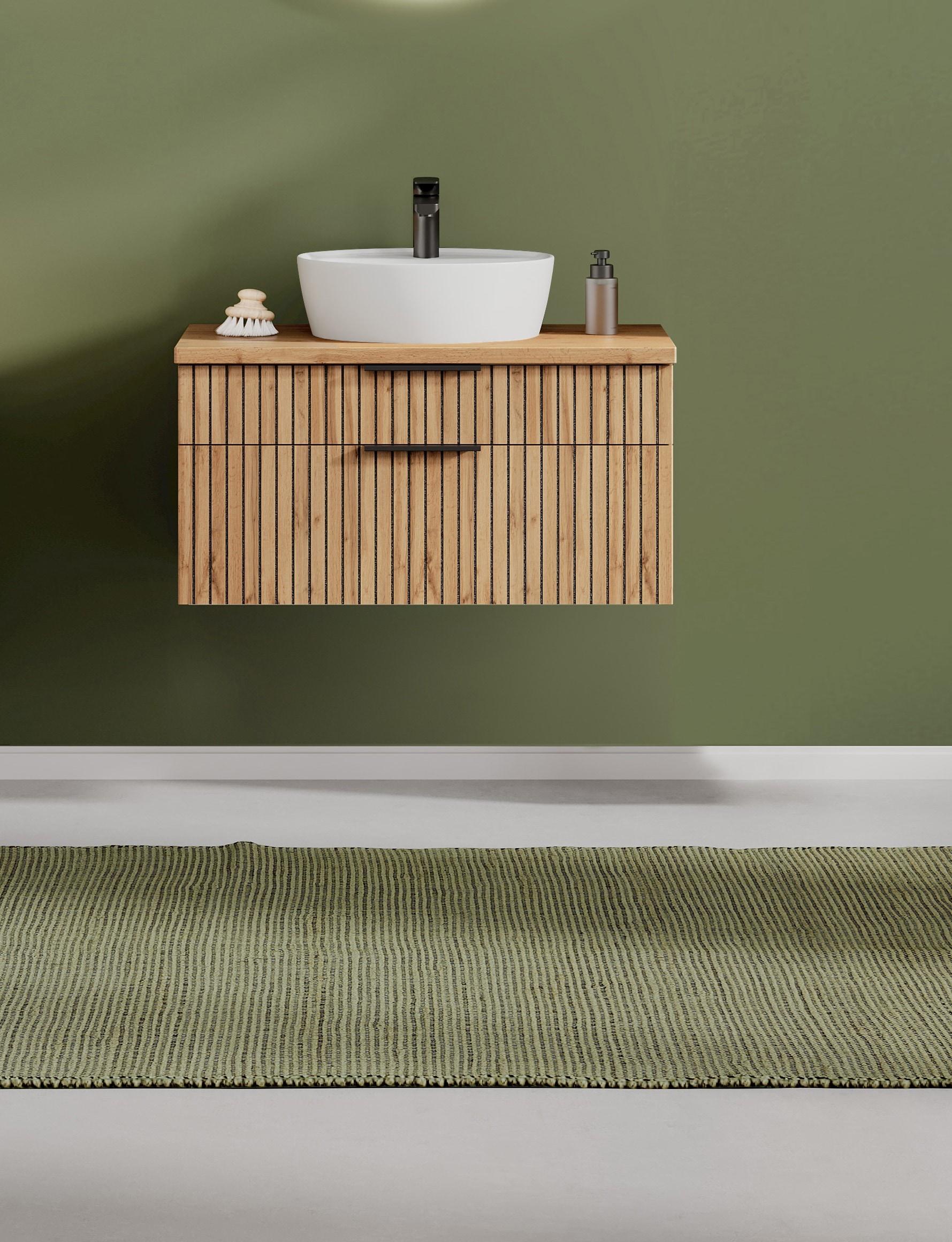 Waschtisch WELLTIME, braun (wotaneiche), B:80cm H:41cm T:47cm Ø:42cm, Holzwerkstoff, Keramik, Waschtische, Waschtisch, wahlweise mit Auflage- oder Aufsatzbecken in zwei verschiedenen Farben