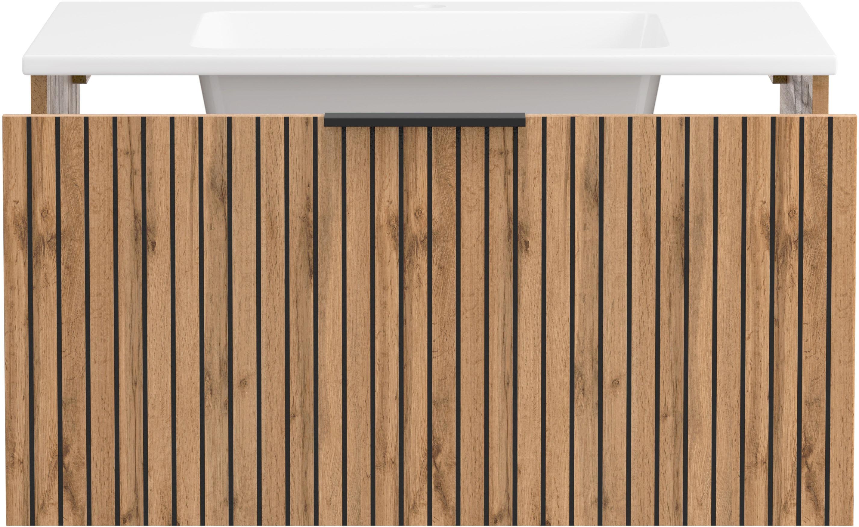 Badmöbel-Set WELLTIME "Welltime, Carlton Waschtisch-Set, 80 oder 120 cm, gestreift", schwarz (wotnaeiche, schwarz), Set 9: 2tlg. Waschtisch-Set 80cm: Spiegelschrank 80cm und Waschtischmit weißem Auflagebecken, Holzwerkstoff, Kastenmöbel-Sets, Badmöbel-Set