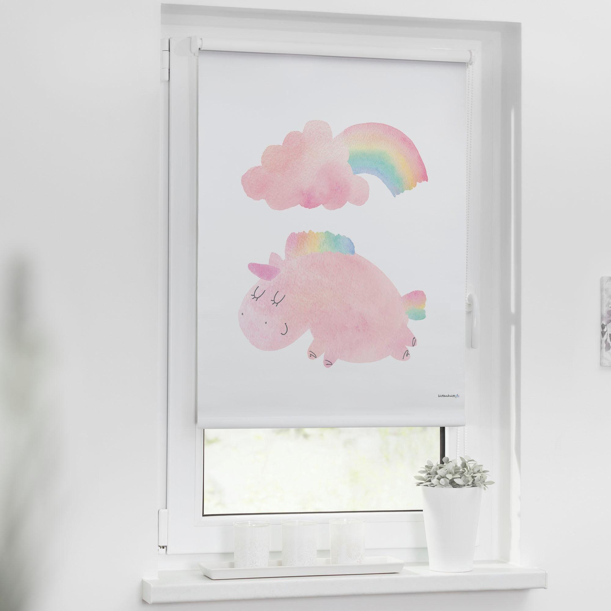 Seitenzugrollo LÜTTENHÜTT "EINHORN" Gr. 5, rosa (rosa, weiß), B:70cm H:150cm, Polyester, Rollos, Seitenzugrollo, Kinderrollo im Fixmaß