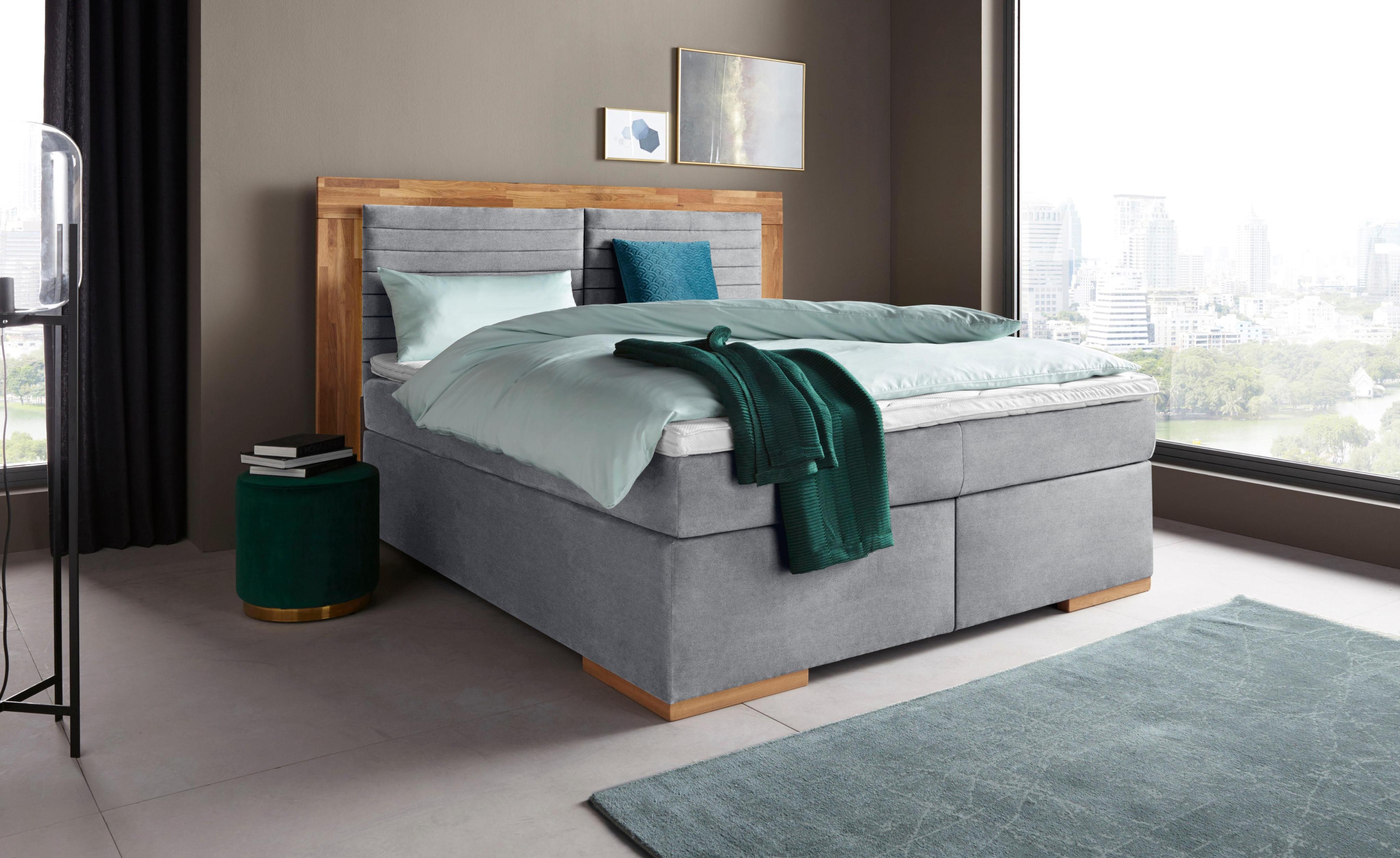 Boxspringbett HOME AFFAIRE "Cup", grau (light grau), B:230cm L:206cm, Bezug: Luxus-Microfaser (100% Polyester);Bezug: Microfaser (100% Polyester), Komplettbetten, Boxspringbett, mit Massivholzrahmen, mit Topper, in 2 Härtegraden, in 3 Breiten