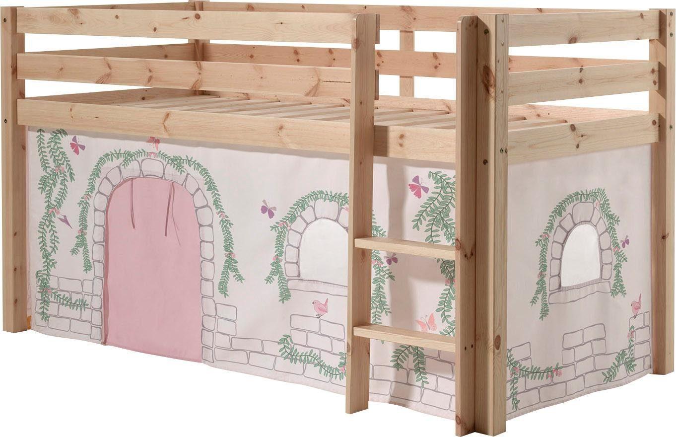 Hochbett VIPACK "Pino, Spielbett massiv Kiefer, stabil gebaut, 3 Korpusfarben zur Wahl", beige (natur geölt, birdy), B:106cm H:114cm L:210cm, Hochbetten, Hochbett, Textil-Set "Astronaut", inkl. Vorhang, mit oder ohne Tunnel