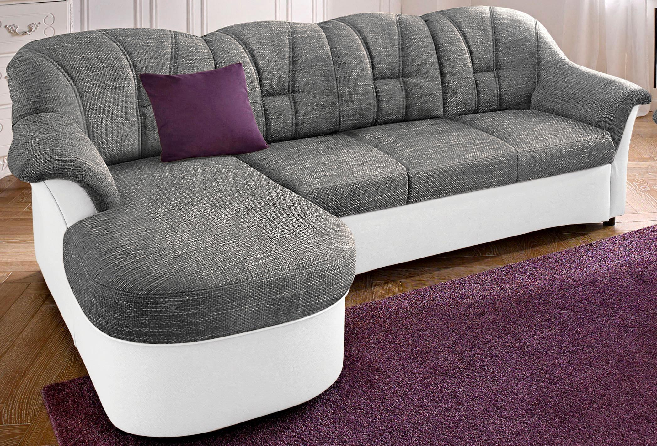 Ecksofa DOMO COLLECTION "Flores Schlafsofa, B/T/H: 233/142/86 cm, L-Form", weiß (weiß, weiß, grau), B:231cm H:84cm T:142cm, Kunstleder SOFTLUX / Struktur ( 90% Polyester, 10% Polyacryl );NaturLEDER (echtes Rindsleder) in Sitz und Rücken. Korpus in passendem Kunstleder SOFTLUX bezogen;Microfaser PRIMABELLE (100% Polyester) / Struktur ( 100% Polyester ), Sofas, Ecksofa, wahlweise mit Bettfunktion, w